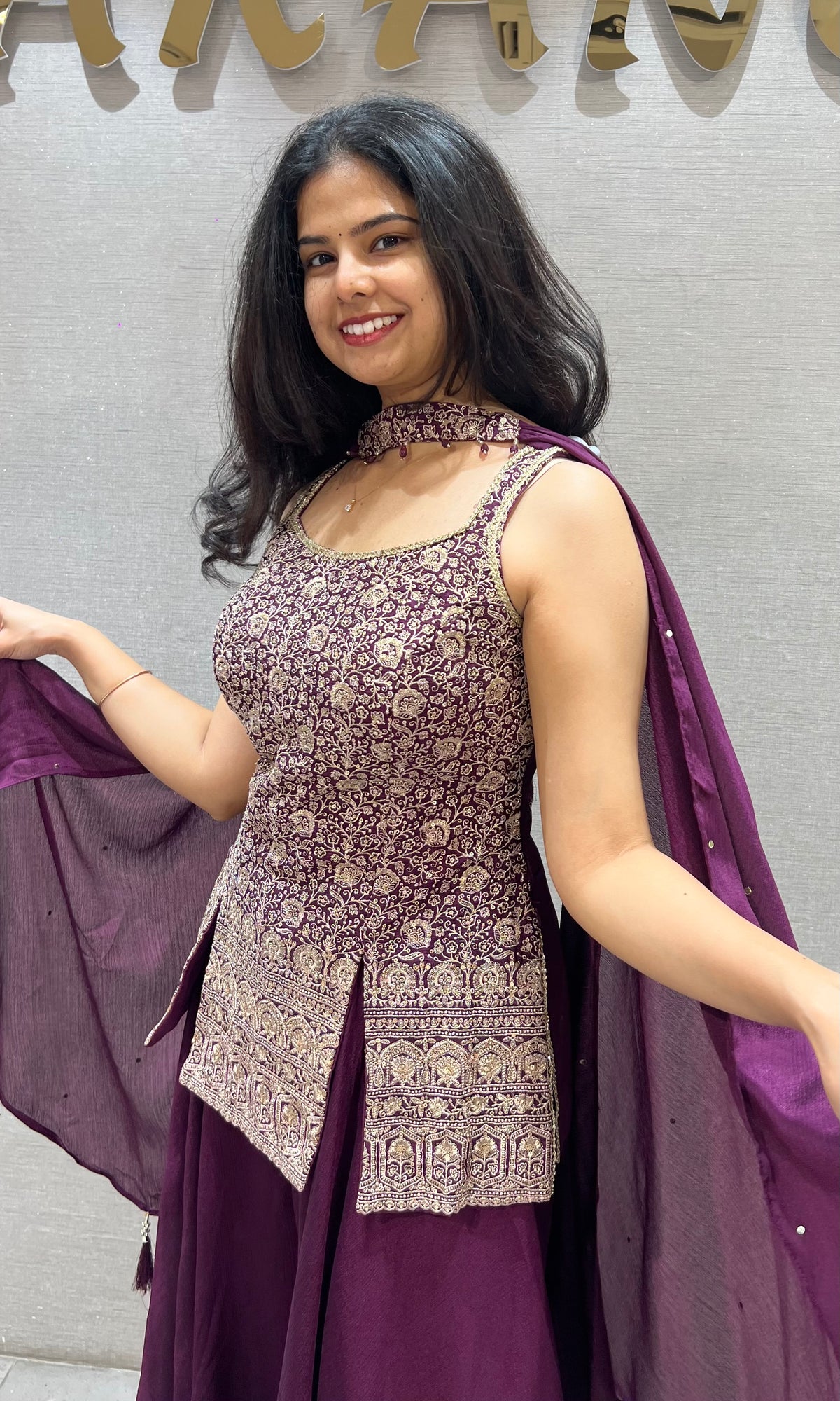 Wine silk Embellished Peplum Palazzo Set with dupatta