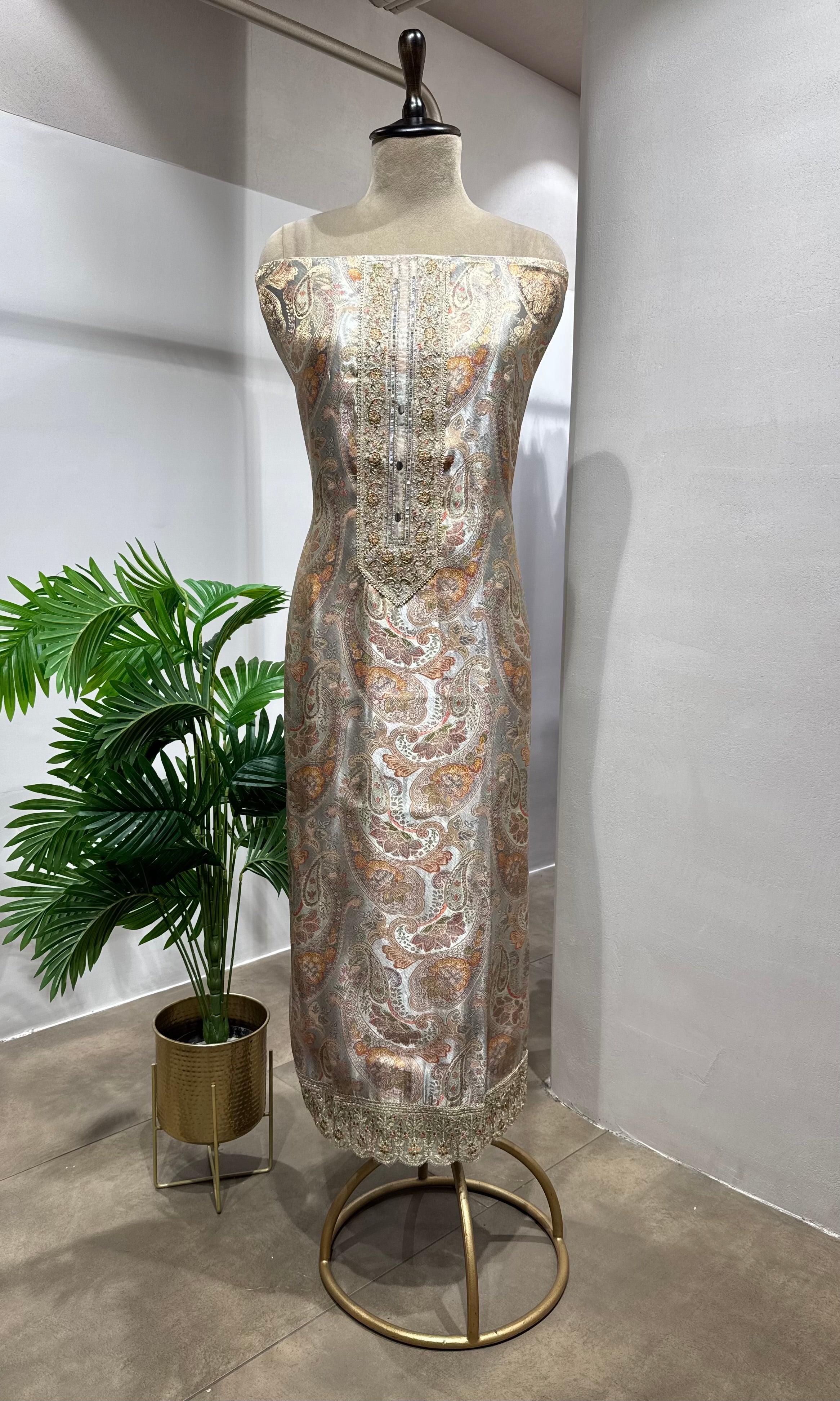 GREY BANARASI SILK DRESS MATERIAL