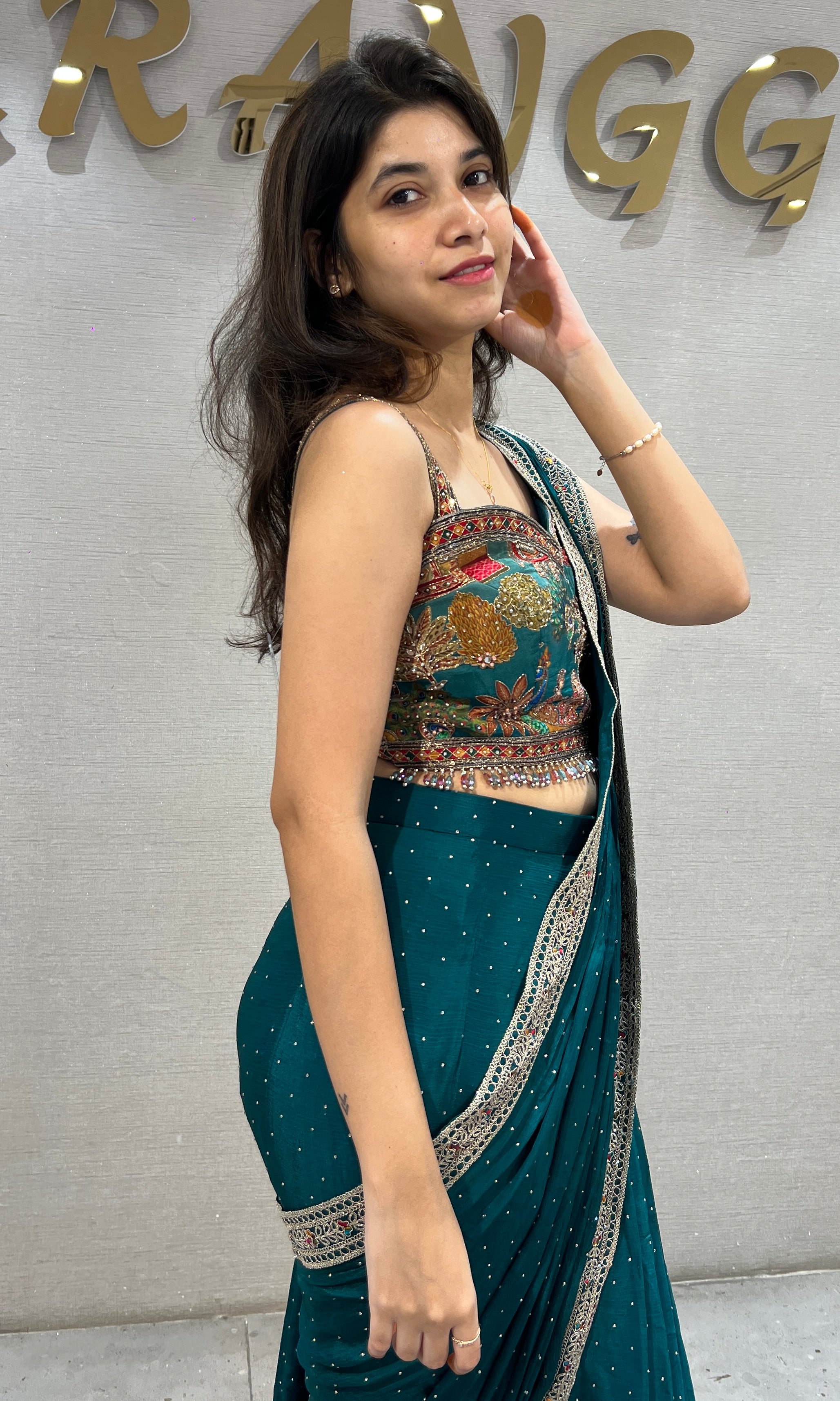 Rama green drape Saree with Intricate Floral Blouse