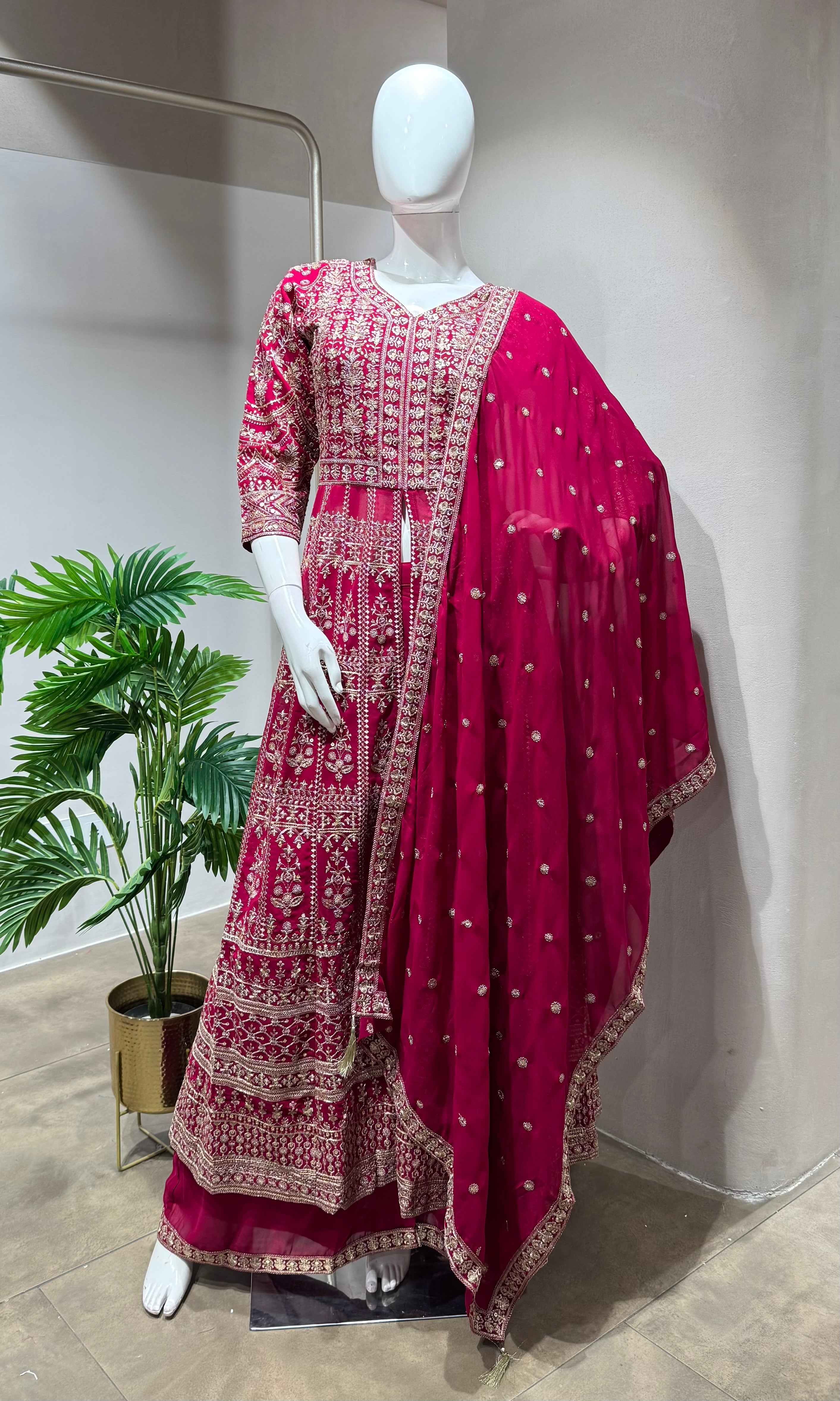 RANI PINK Embroidered front Slit anarkali set