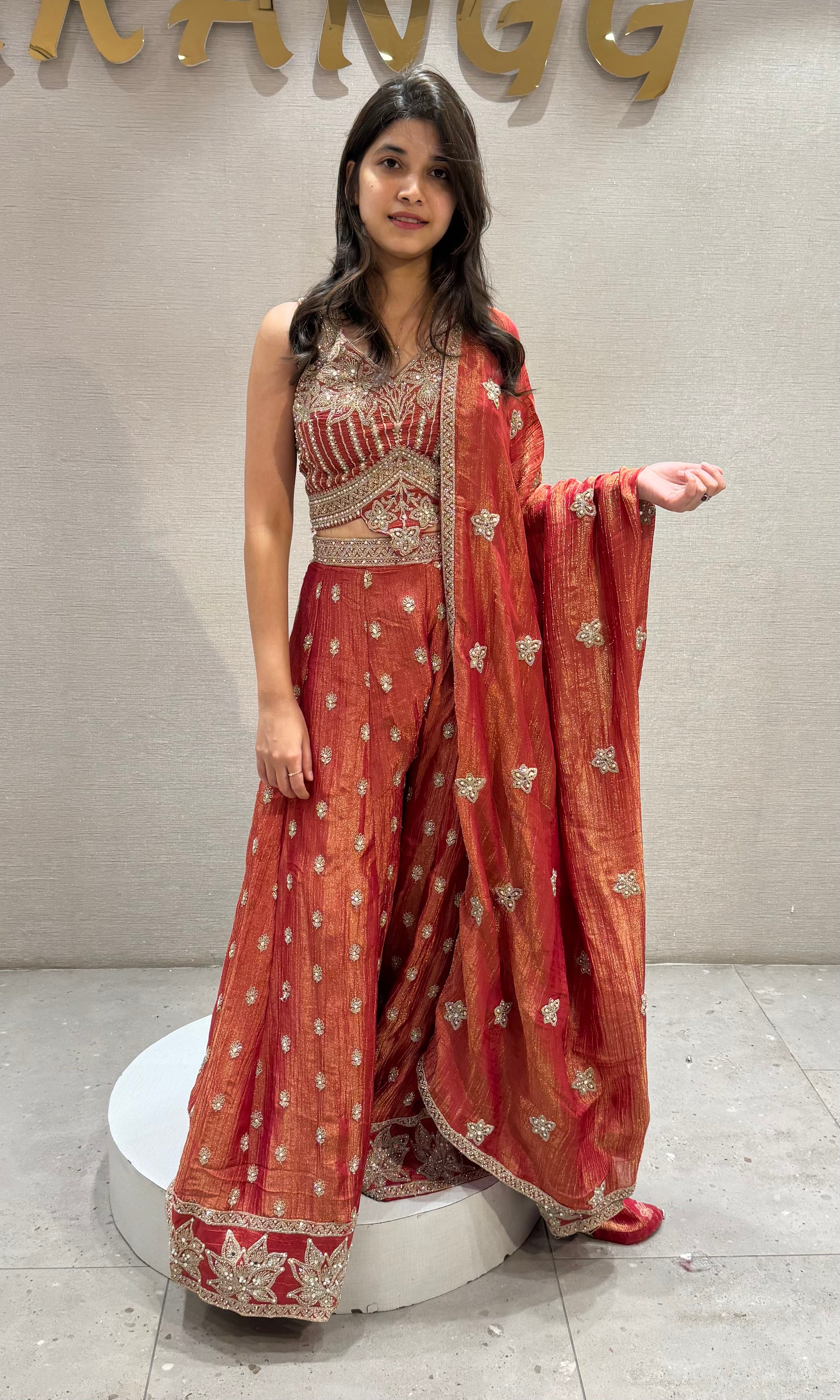 Rust Zari Embroidered Palazzo set