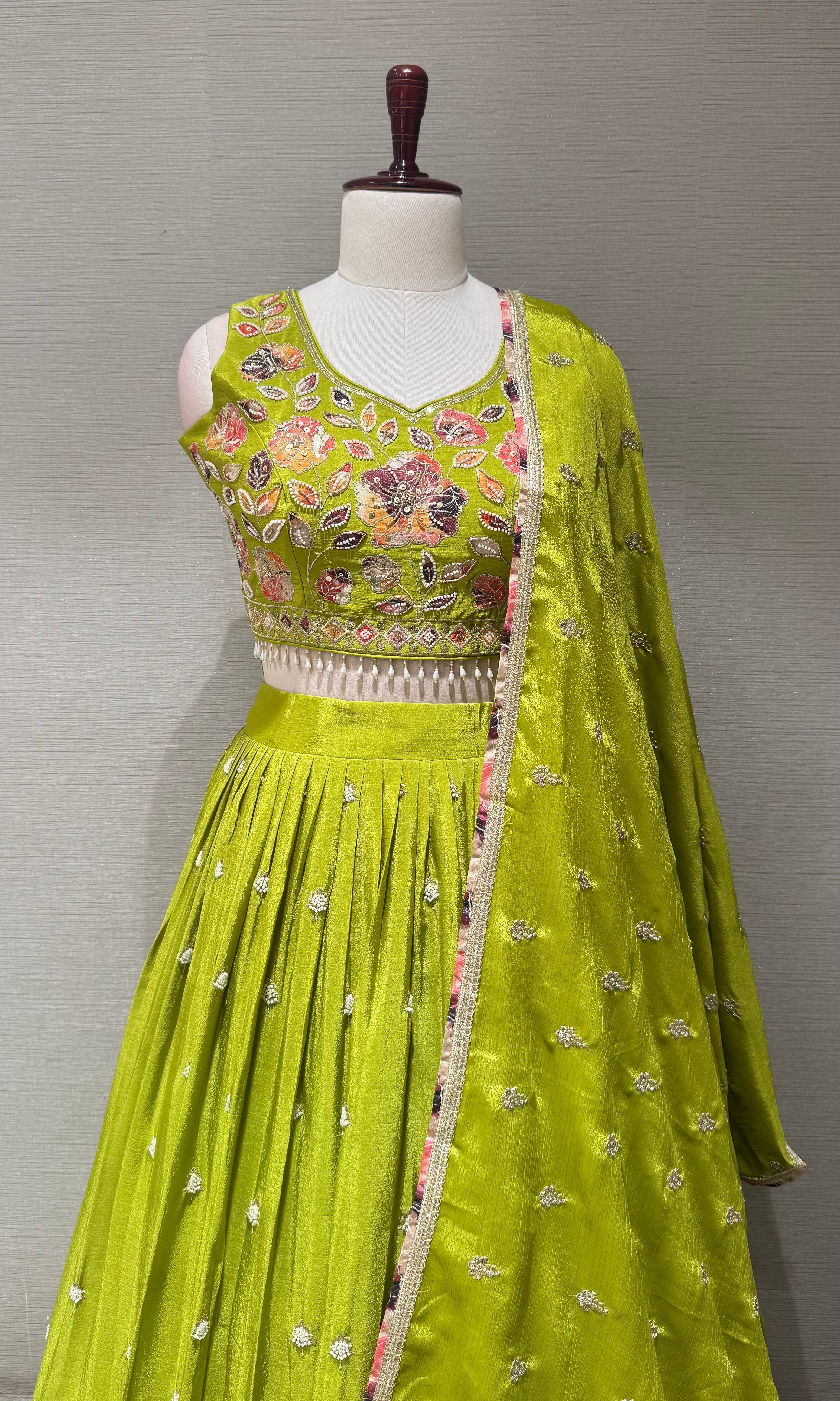 Green Tissue silk Multi Floral Crop Top Lehenga set