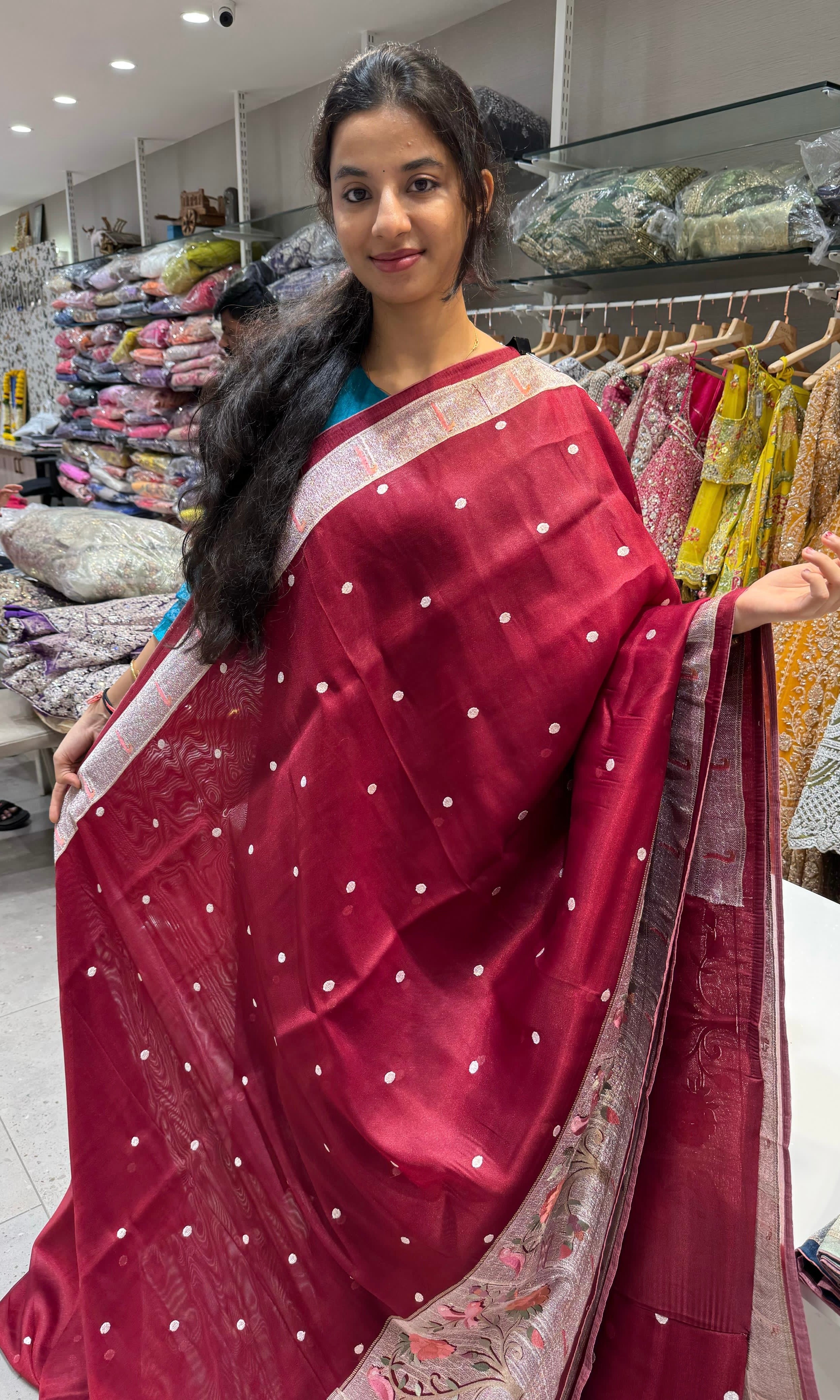 Maroon Soft tissue sarees with paithani embroidery with buta design