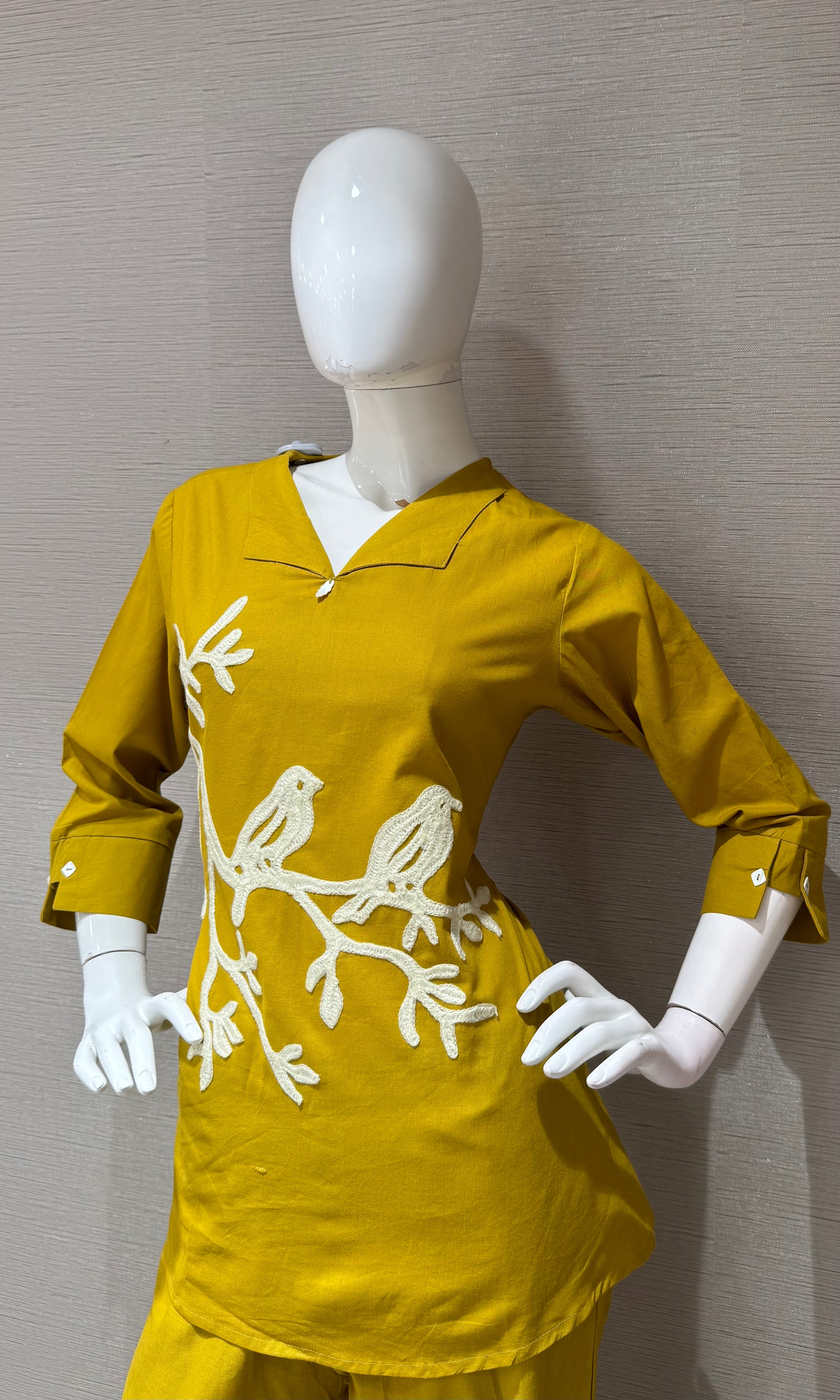 MUSTARD Yellow Bird Embroidered Cord Set