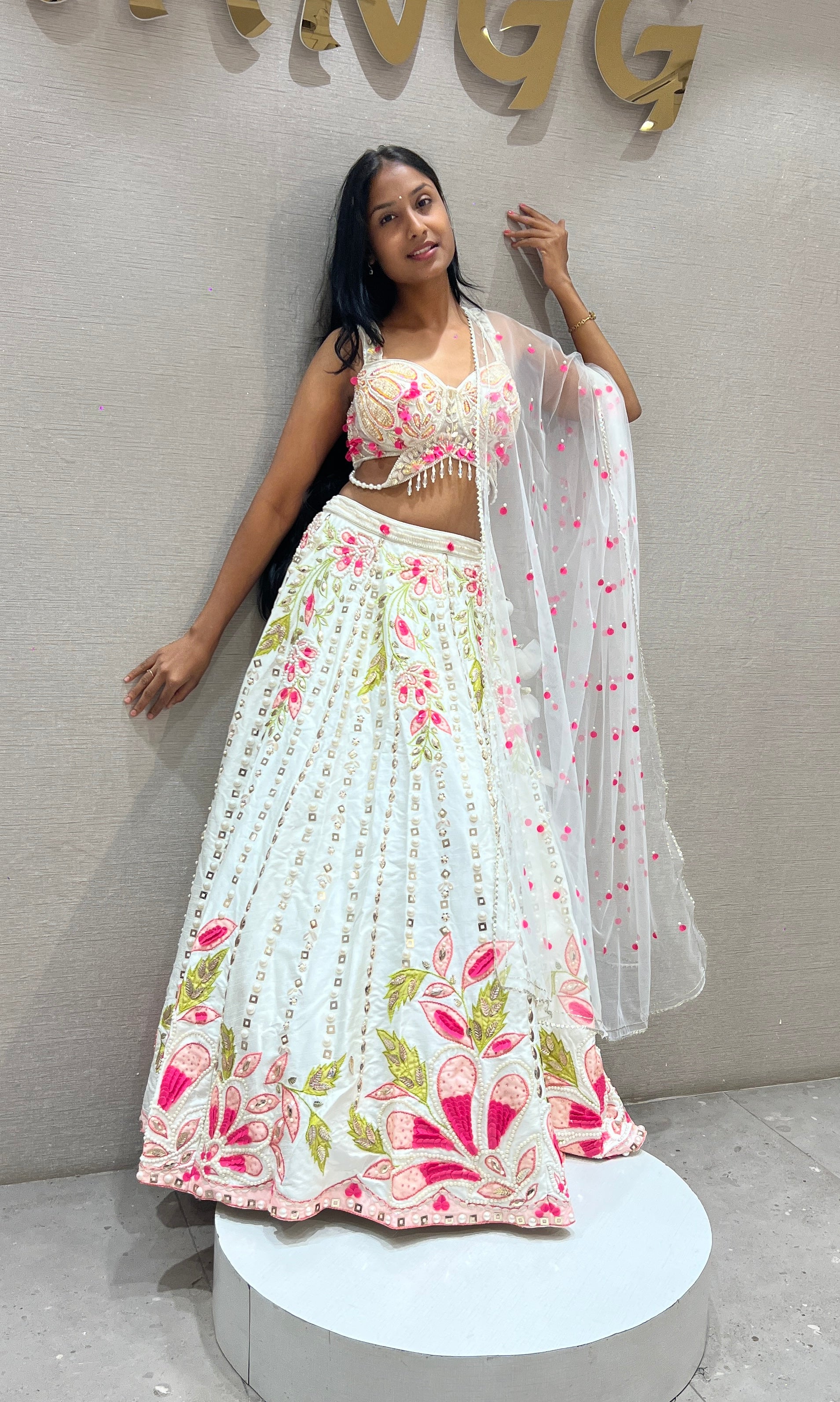 White Shimmering Botanical Lehenga Choli