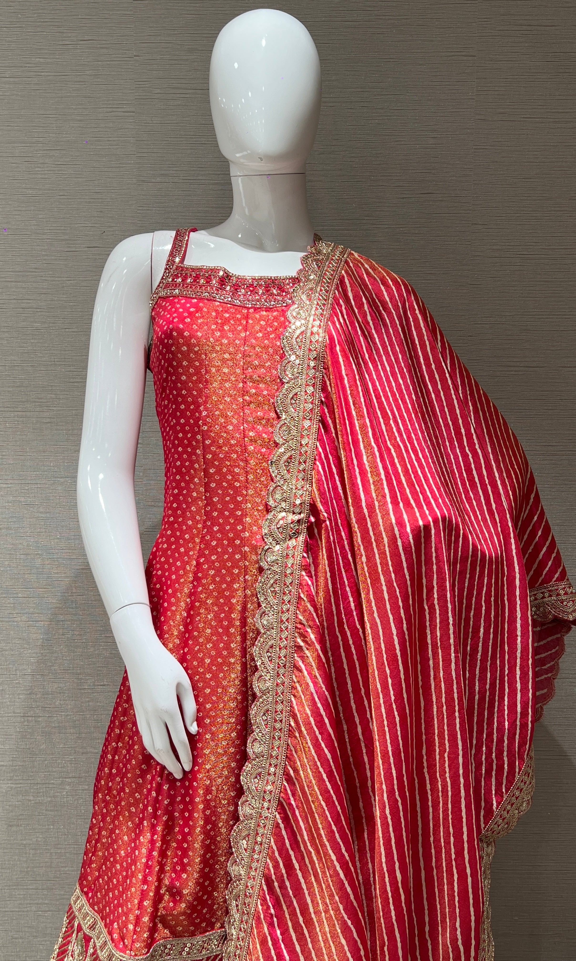 Red Embroidered Sharara Set with Golden Stripes Dupatta