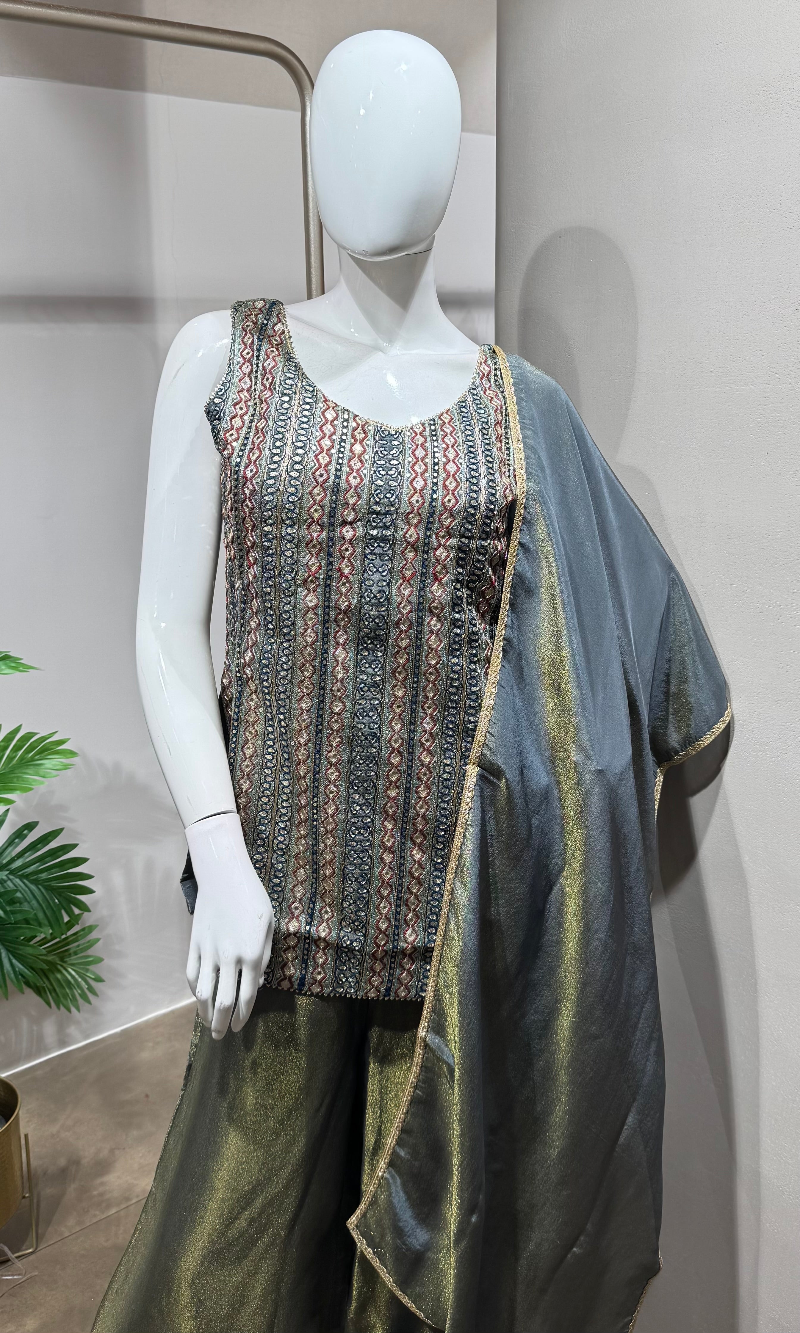 Grey Sleeveless Kurti & Flared Palazzos