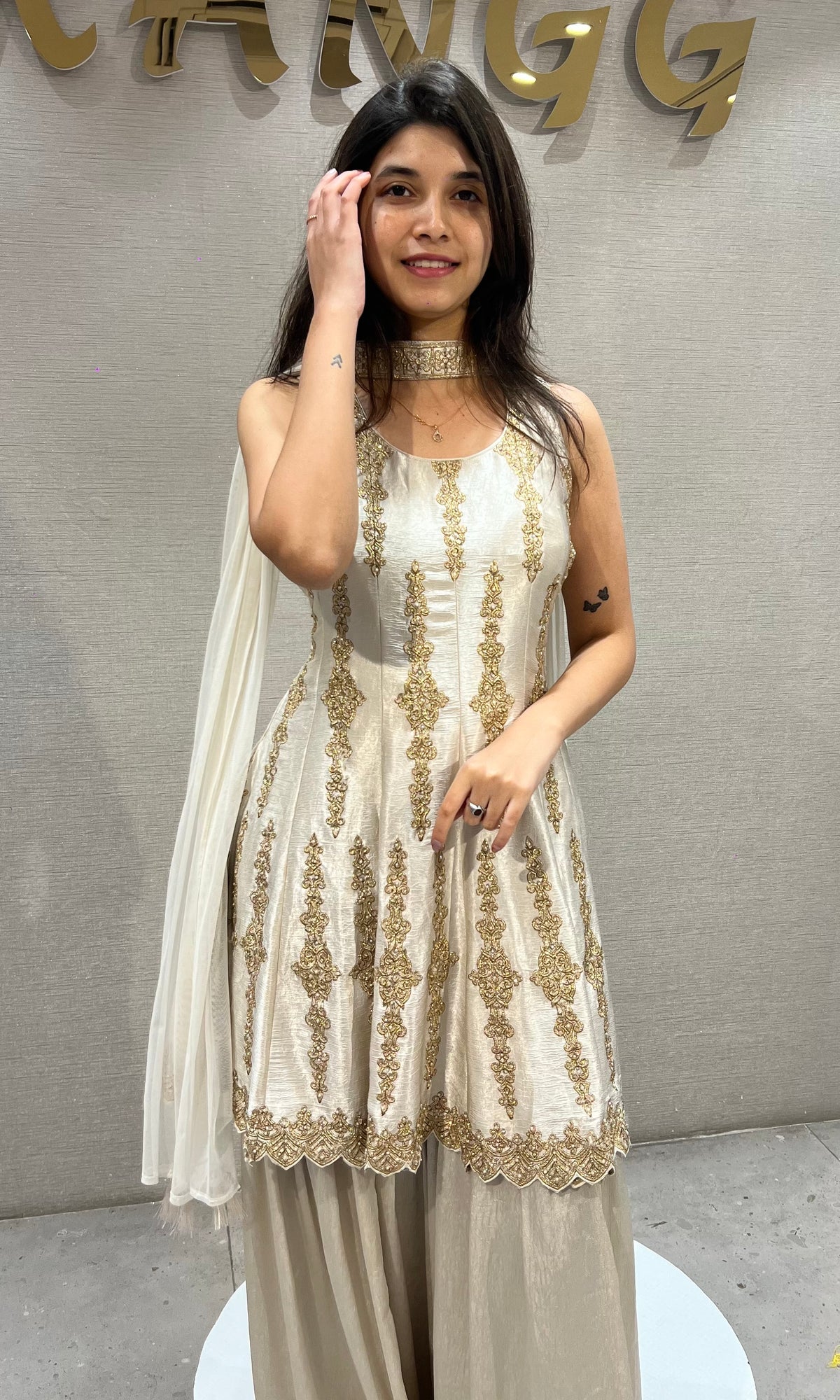 Cream and Gold Satin Embroidered Palazzo Set