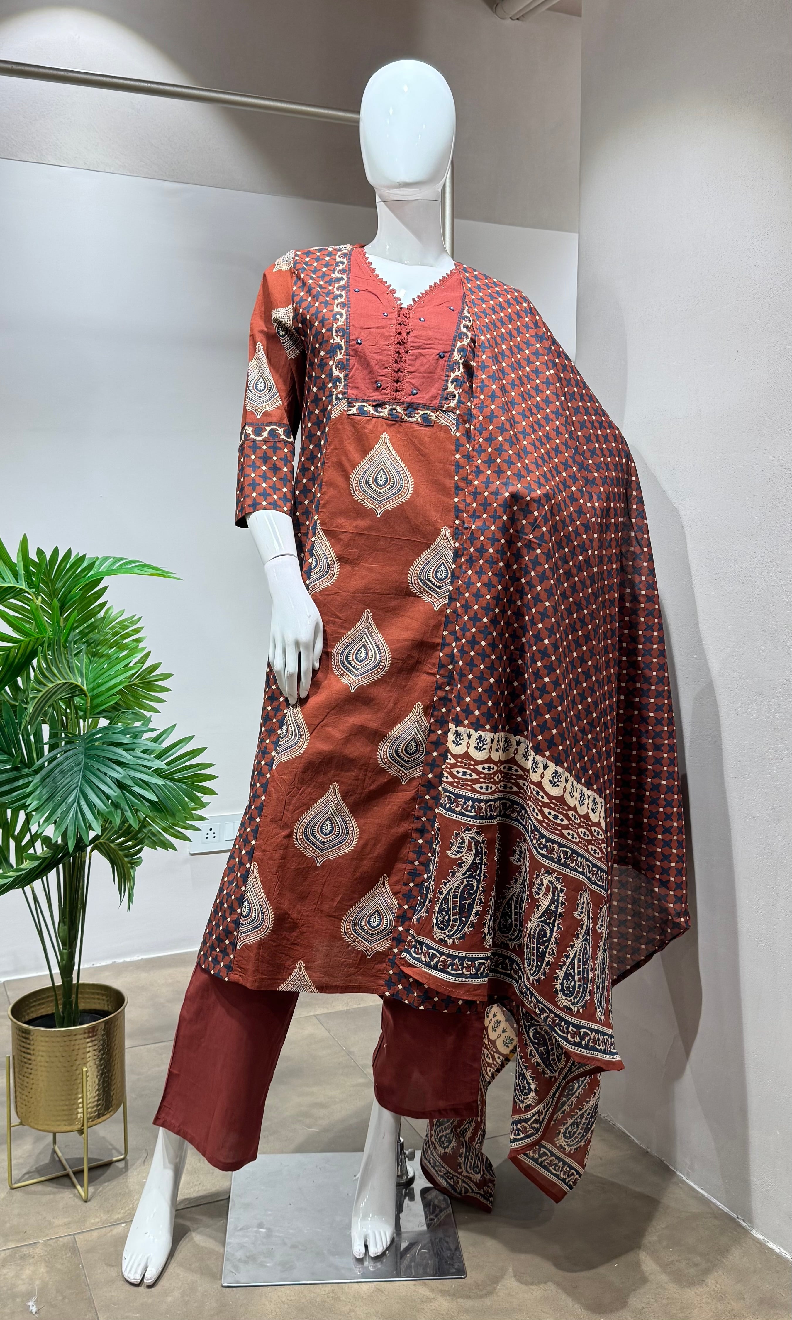 Brown block print design kurta set