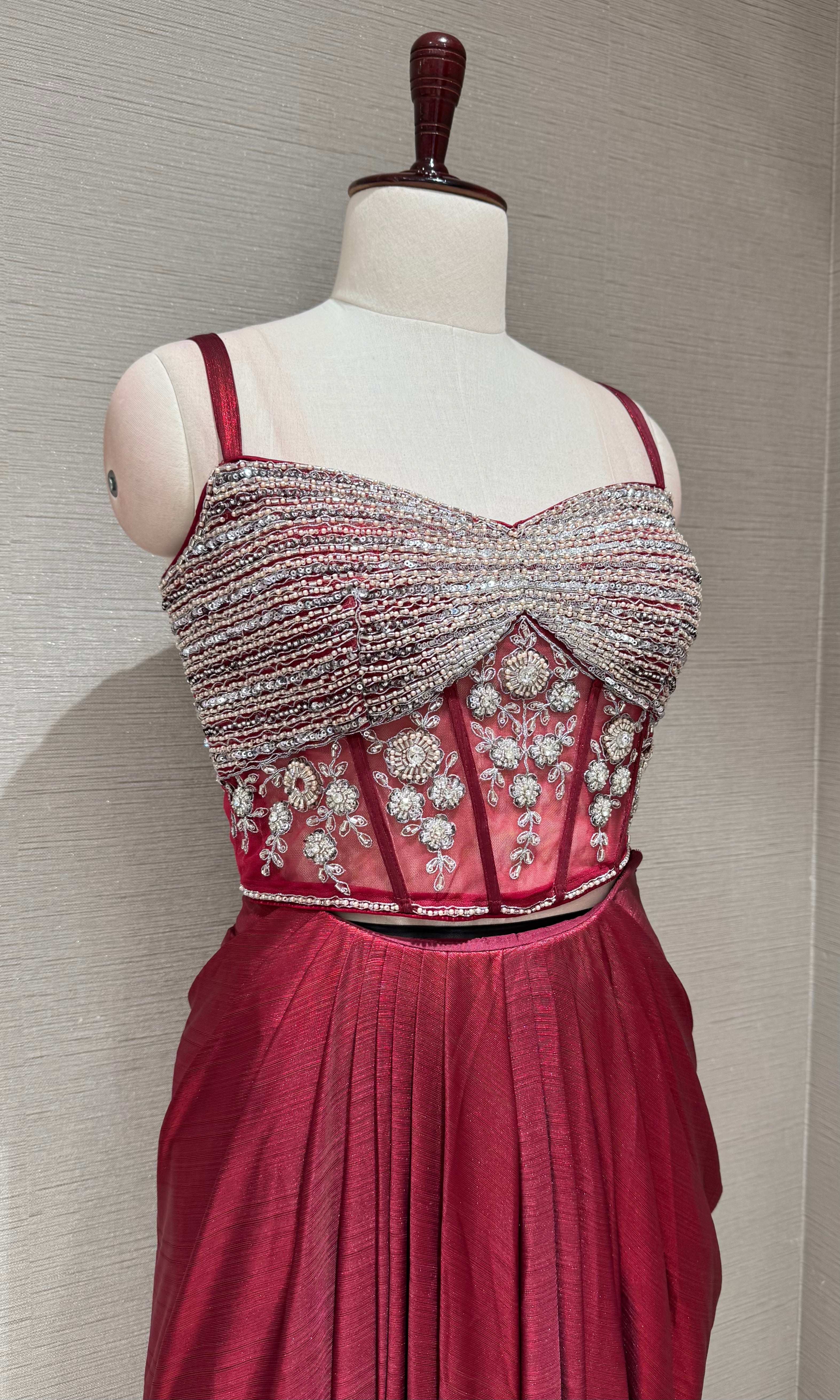 Maroon Deep Embroidered Cape Skirt
