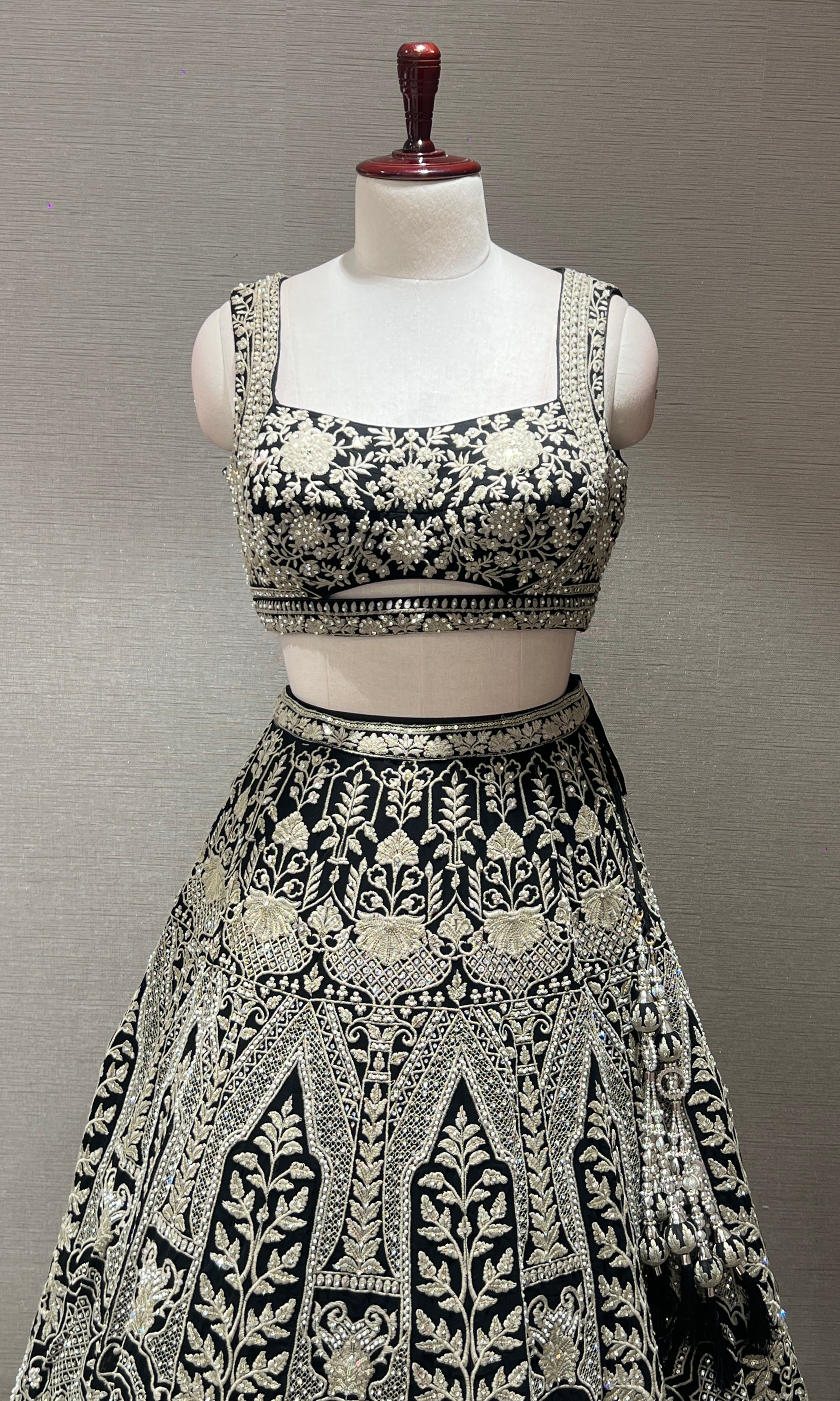 Black lehenga with intricate embroidered