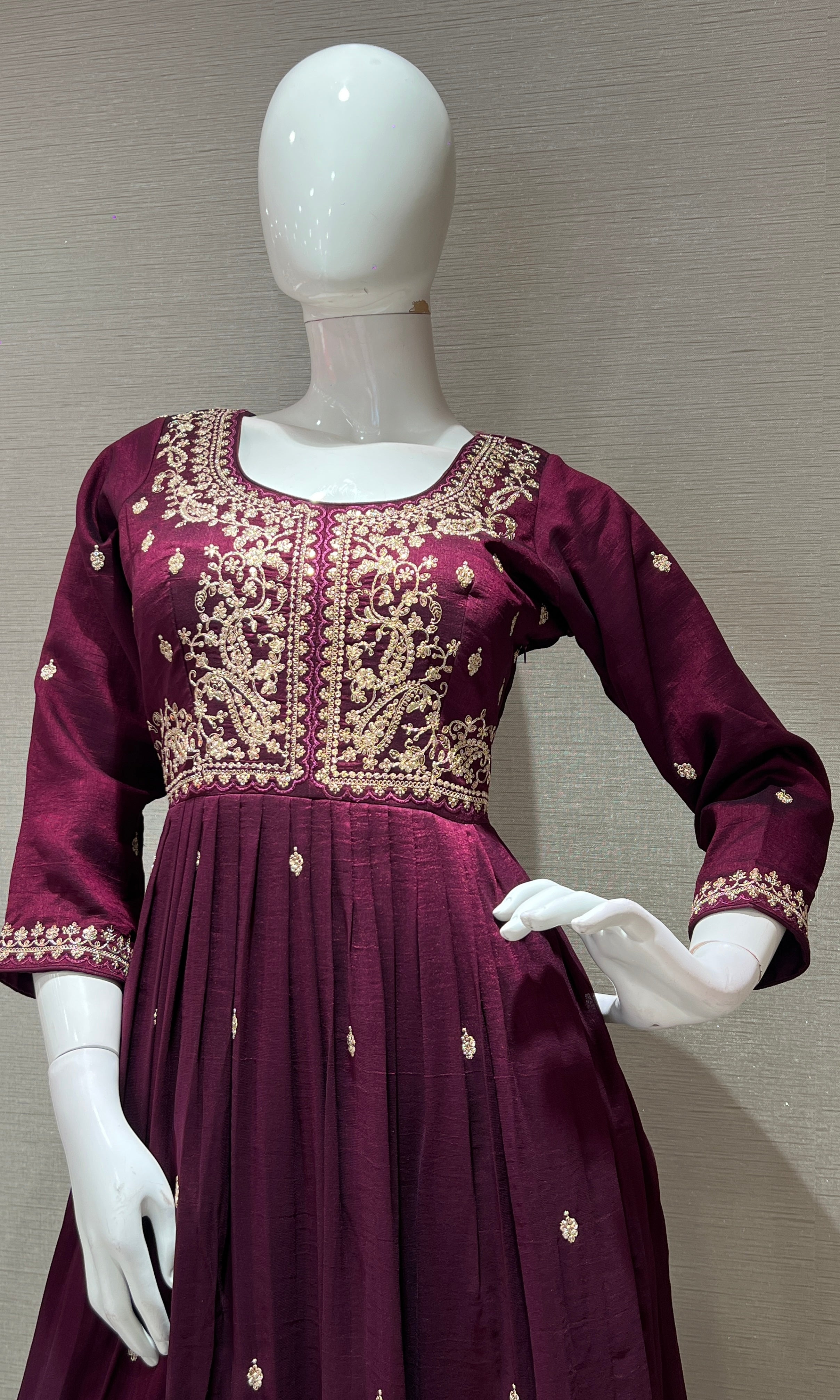 Wine EMBROIDERED ANARKALI LONG DRESS