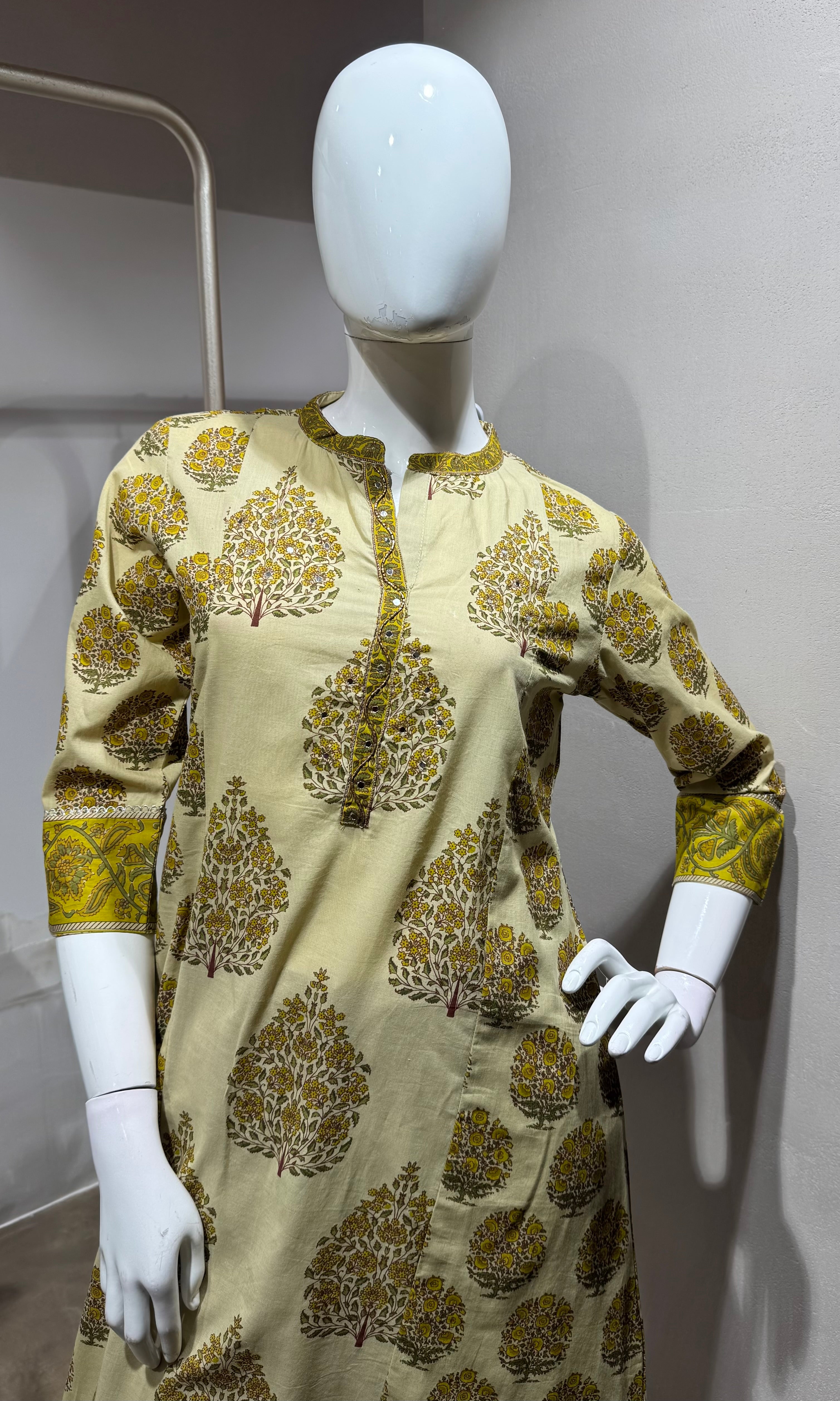 Yellow Floral Print Cotton Kurta Set with Dupatta