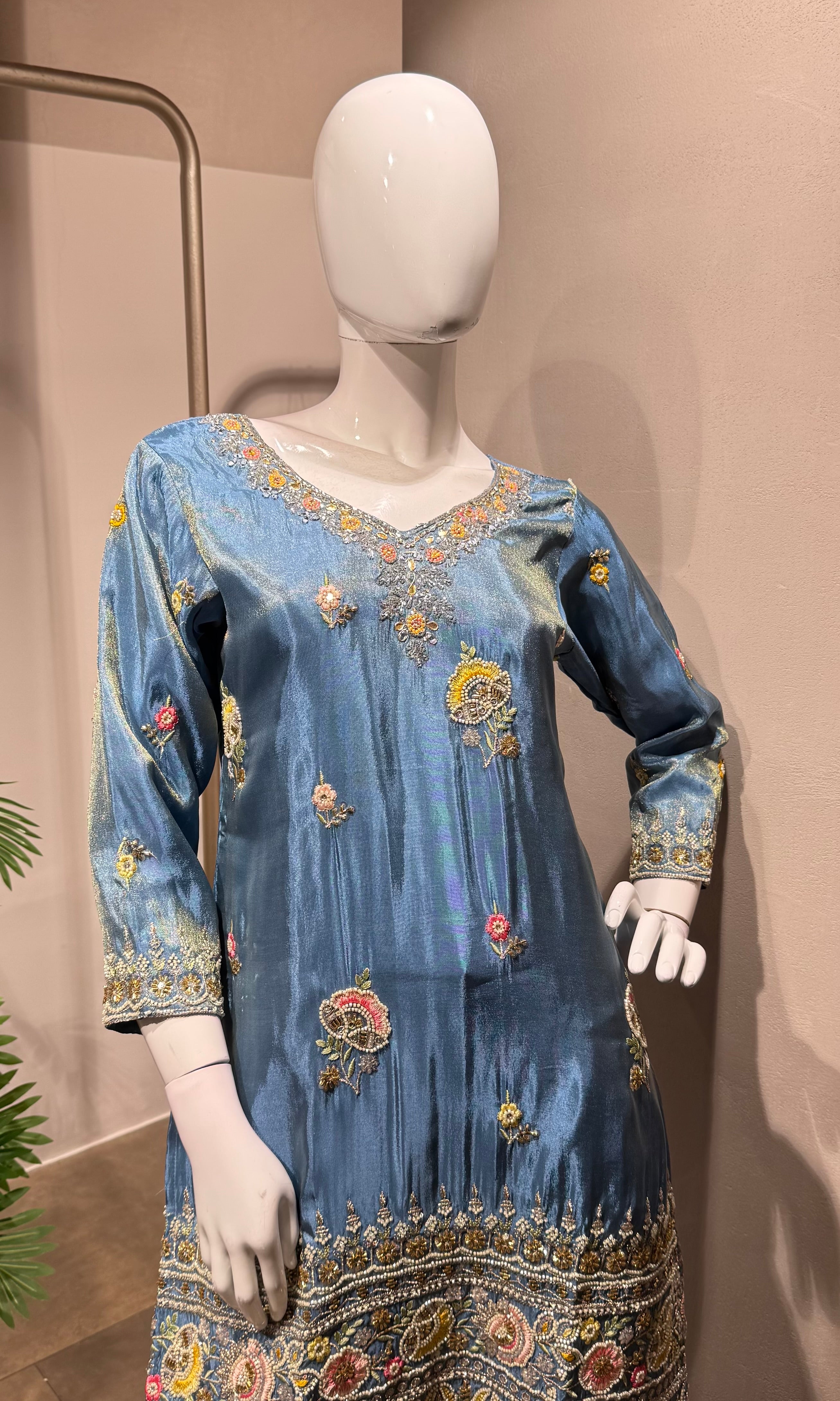 blue shimmer tissue palazzo set