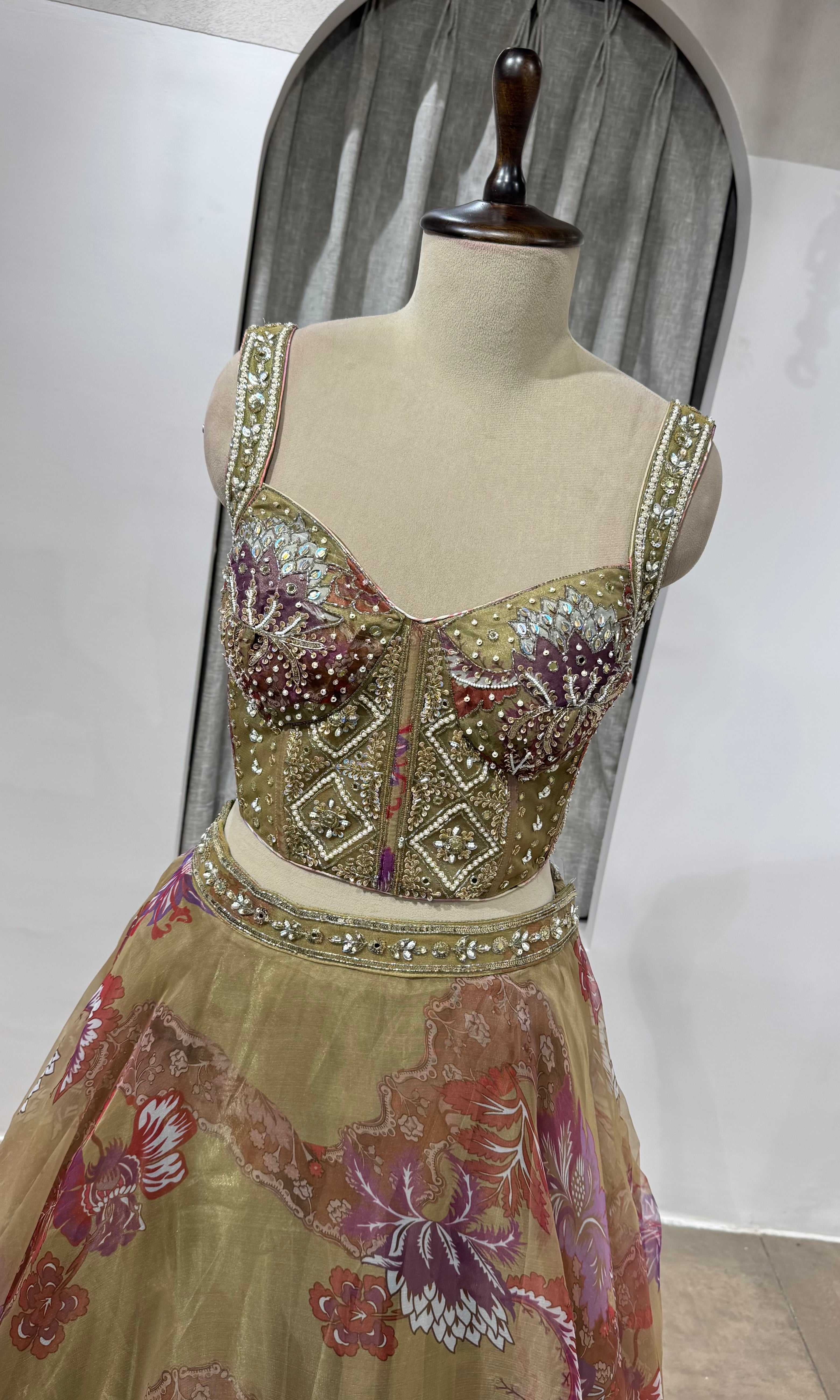 GREEN Floral Printed Corset Lehenga