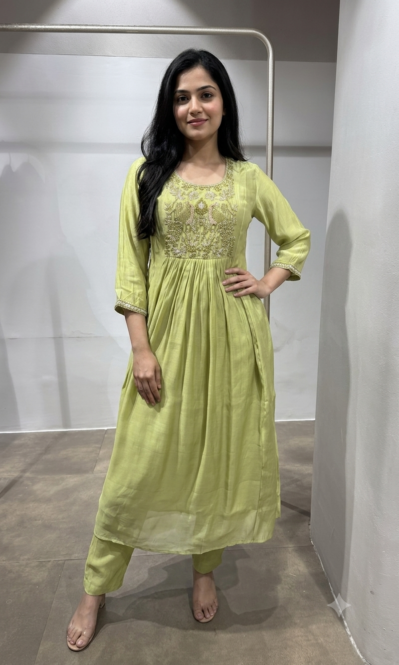 Green Embroidered Silk Blend Kurta Pant Set