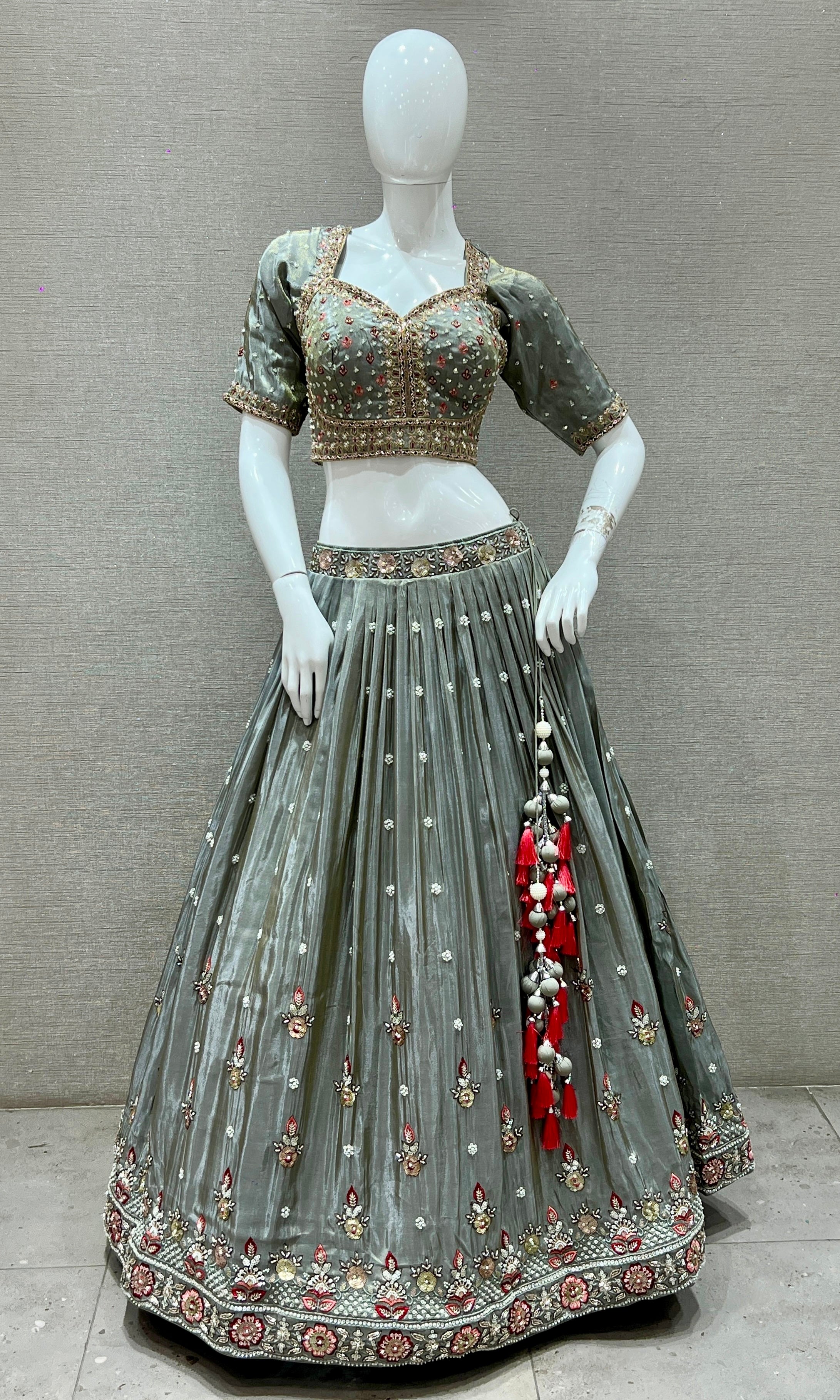 Smokey Grey Lehenga with Floral Crystal Embroidery and Sequin Highlights