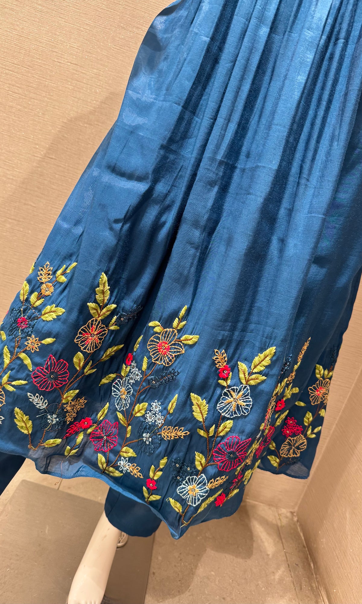 Navy Blue Floral Mul Chanderi Kurta set with dupatta