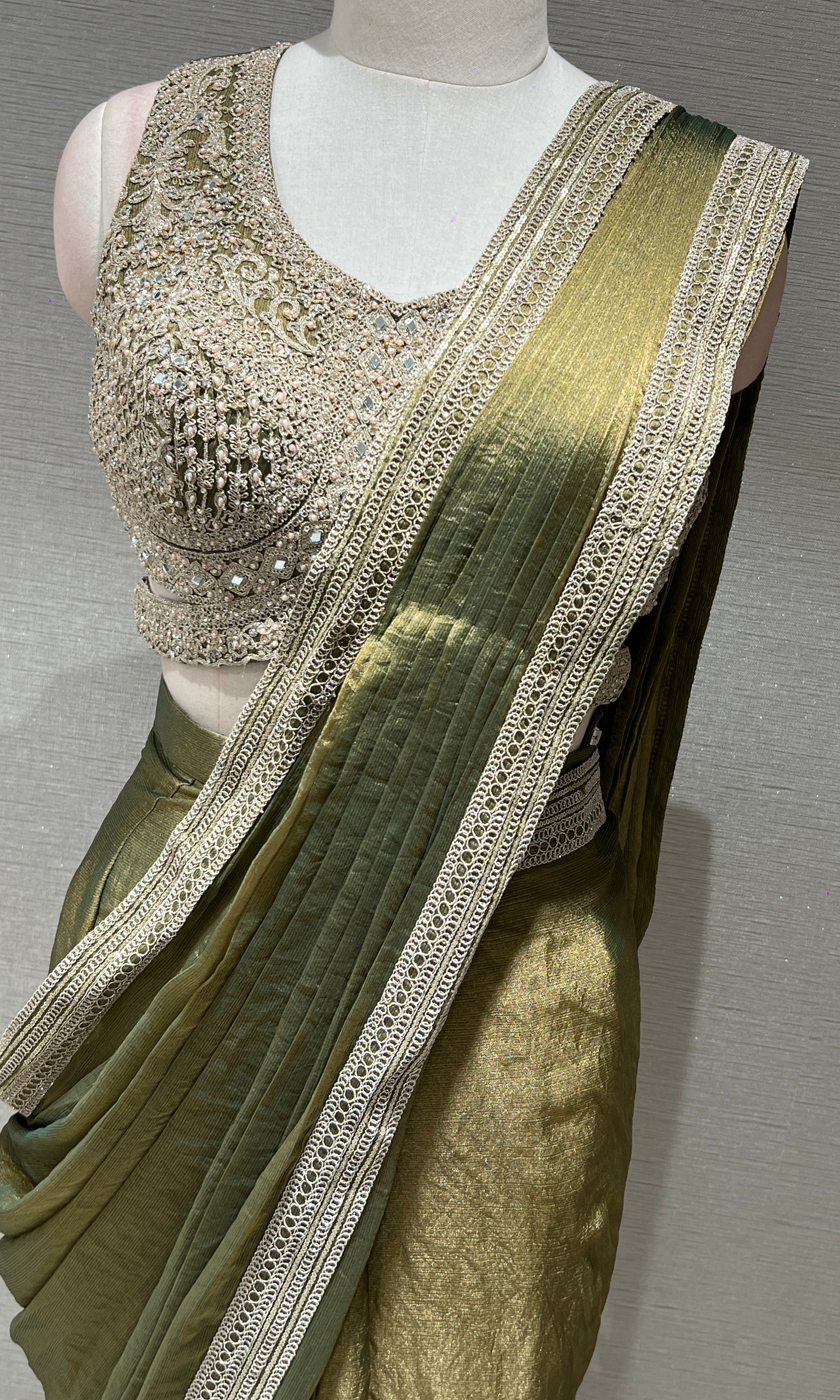 GREEN GOLD CORSET BLOUSE DRAPE SAREE