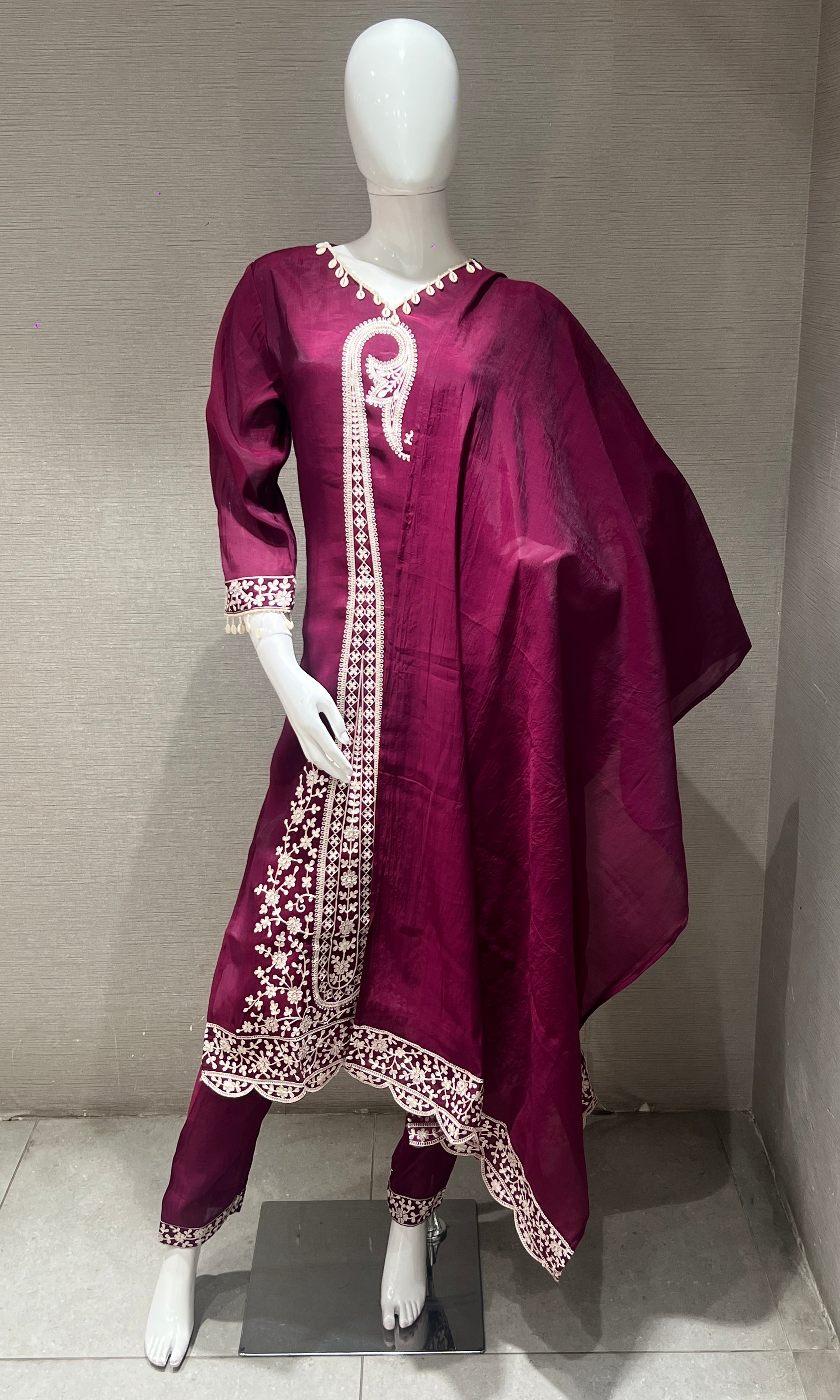Wine Thread Embroidery Kurta Set