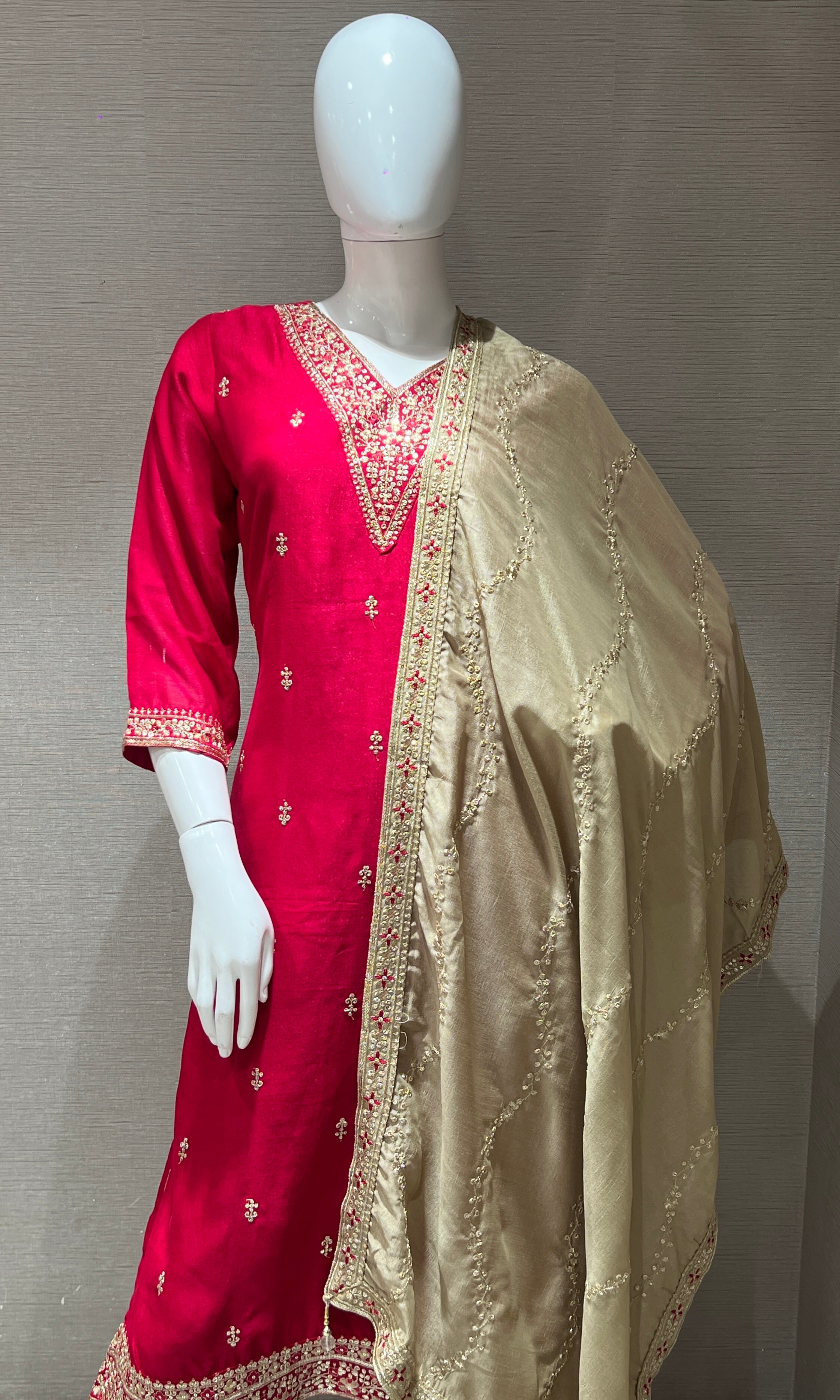 Pink kurta set with contrast gold dupatta