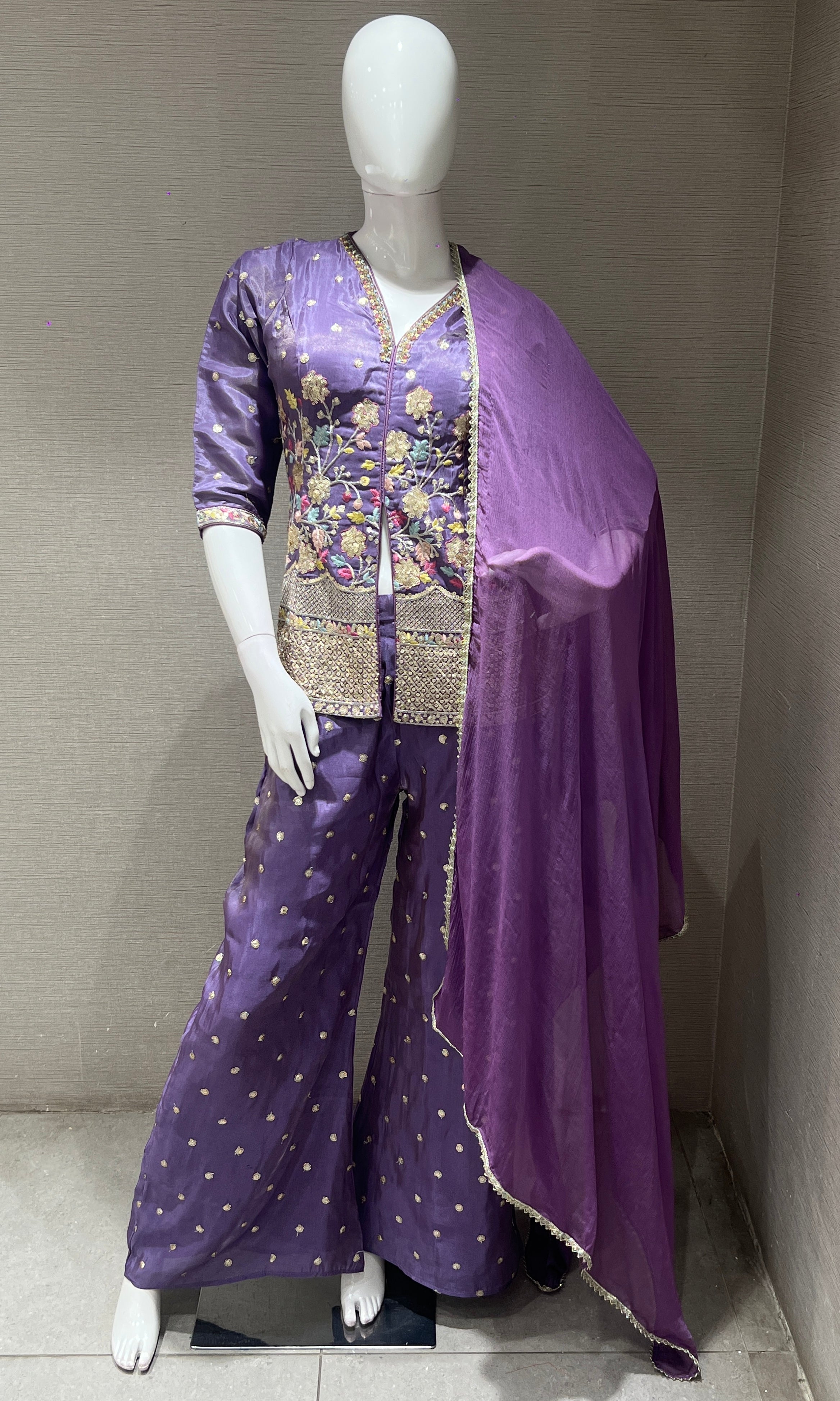 Light Purple Floral Embroidered Palazzo set