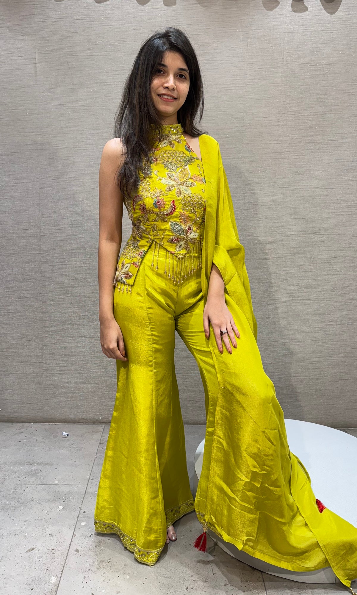 liril yellow silk embroidered halter top palazzo set with dupatta