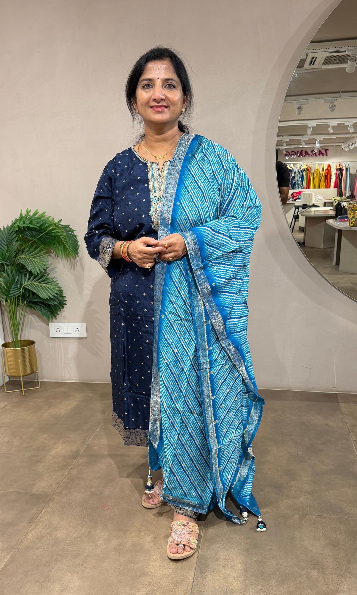 ROYAL BLUE RAYON SILK KURTA SET WITH STRIPED DUPATTA