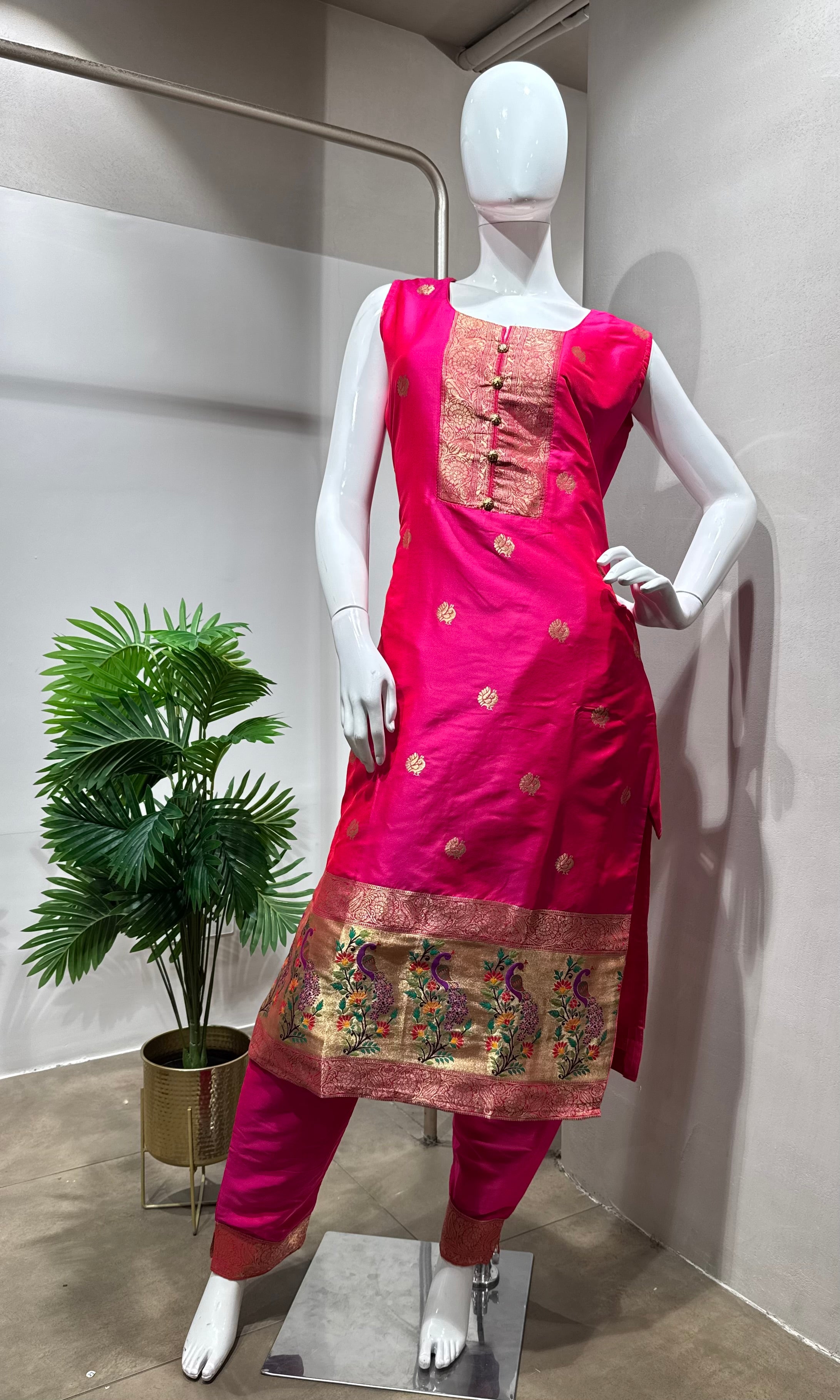 Rani Pink Banarasi Silk Kurta Set