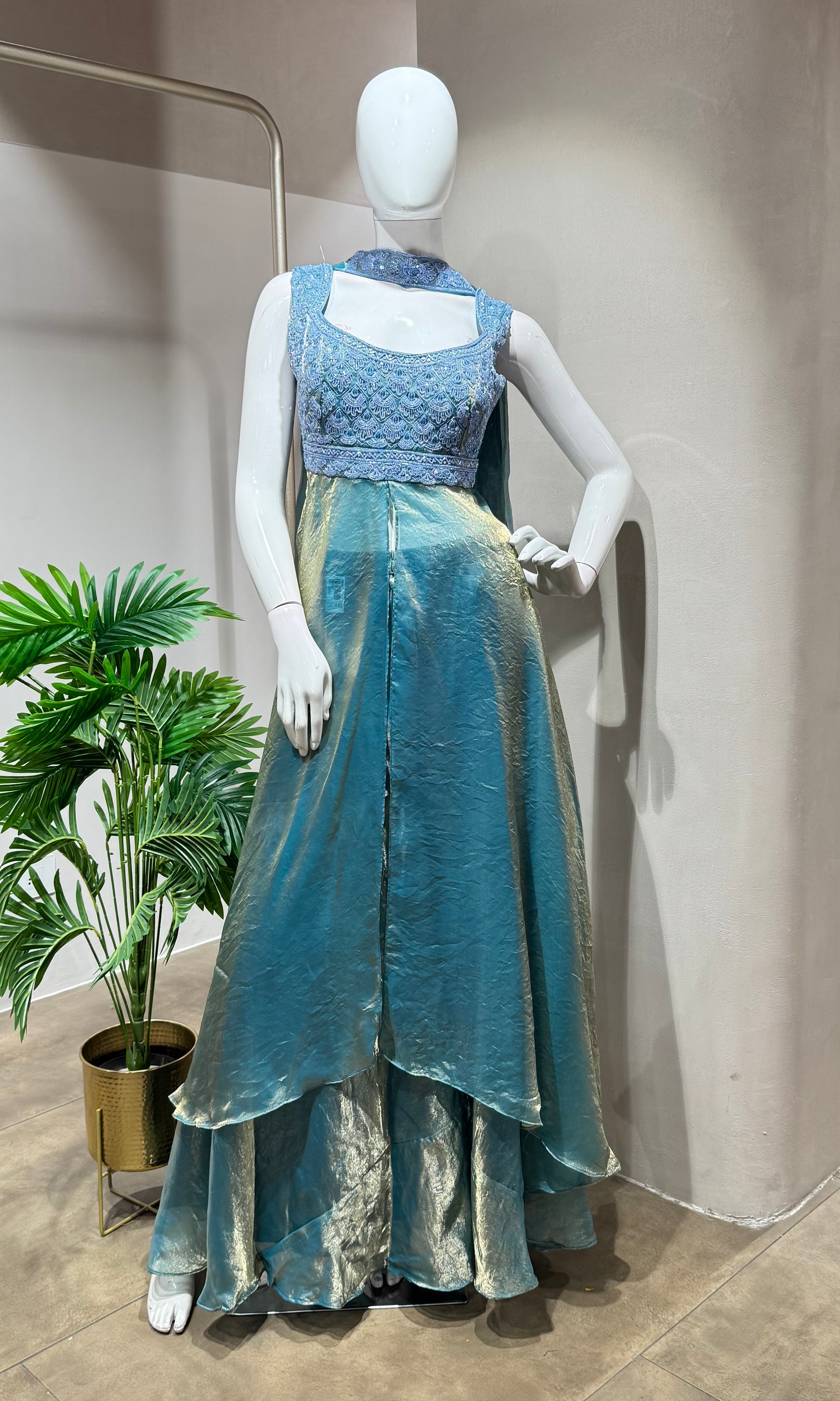 SEA BLUE A LINE SHIMMER TISSUE PALAZZO SET