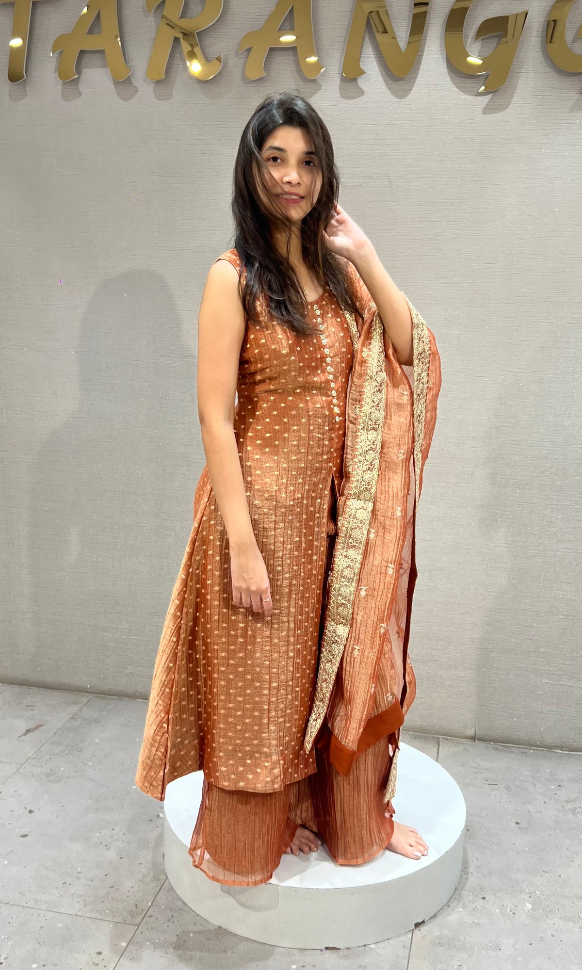 Rust Orange Embroidered Anarkali Set with Sheer Dupatta
