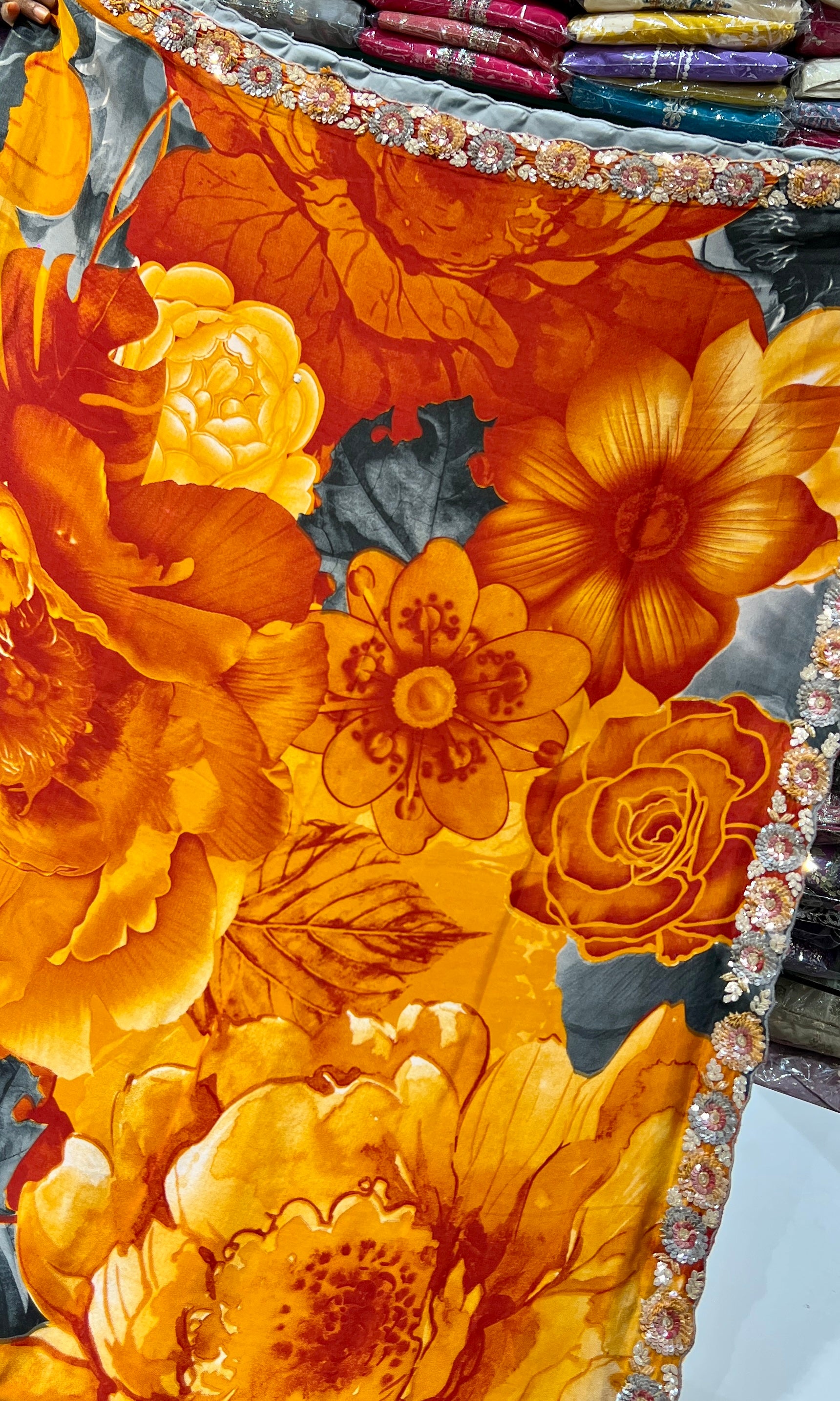 Grey floral saree with embroidery ready blouse