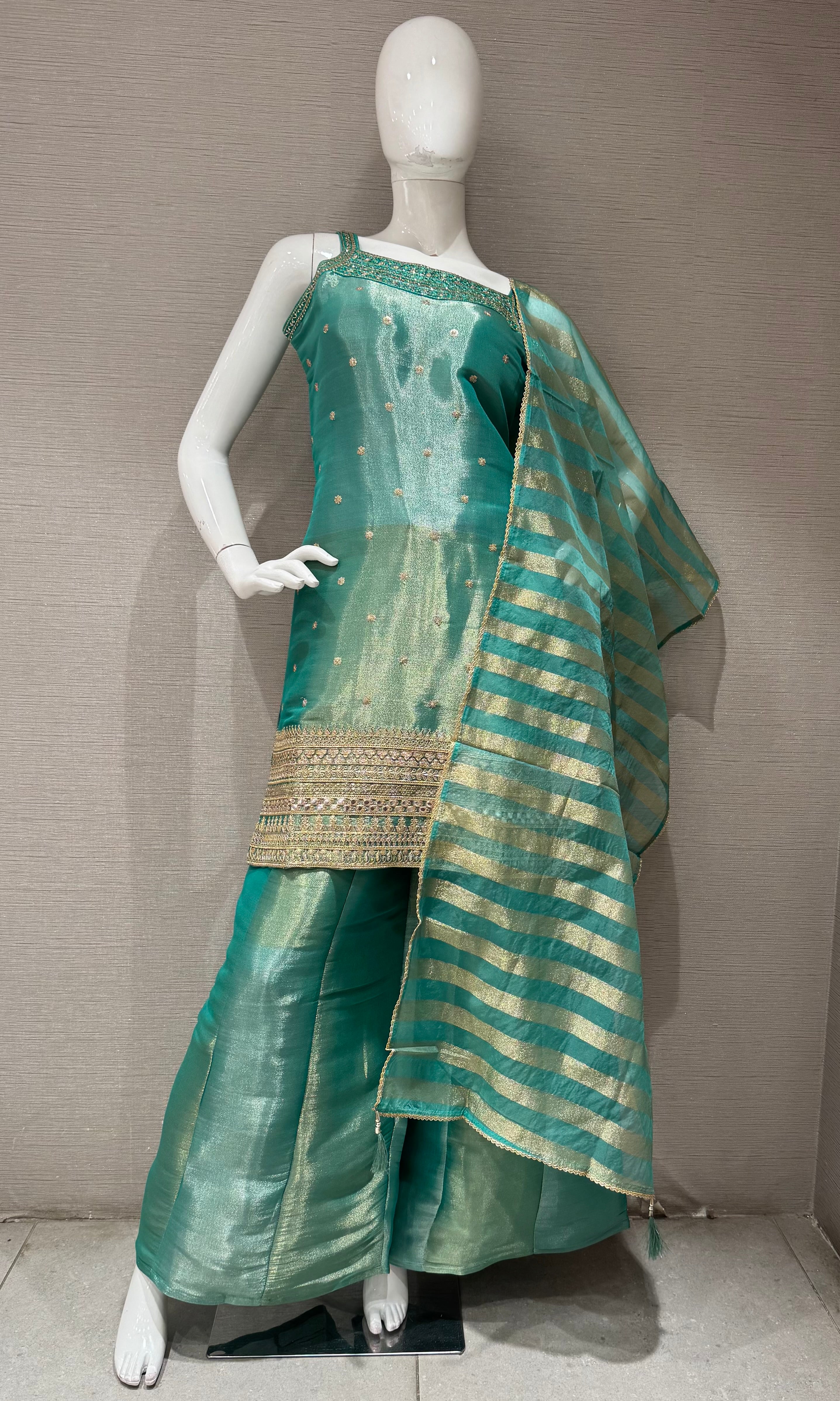Green and Gold Zari Sharara set with Sheer Dupatta