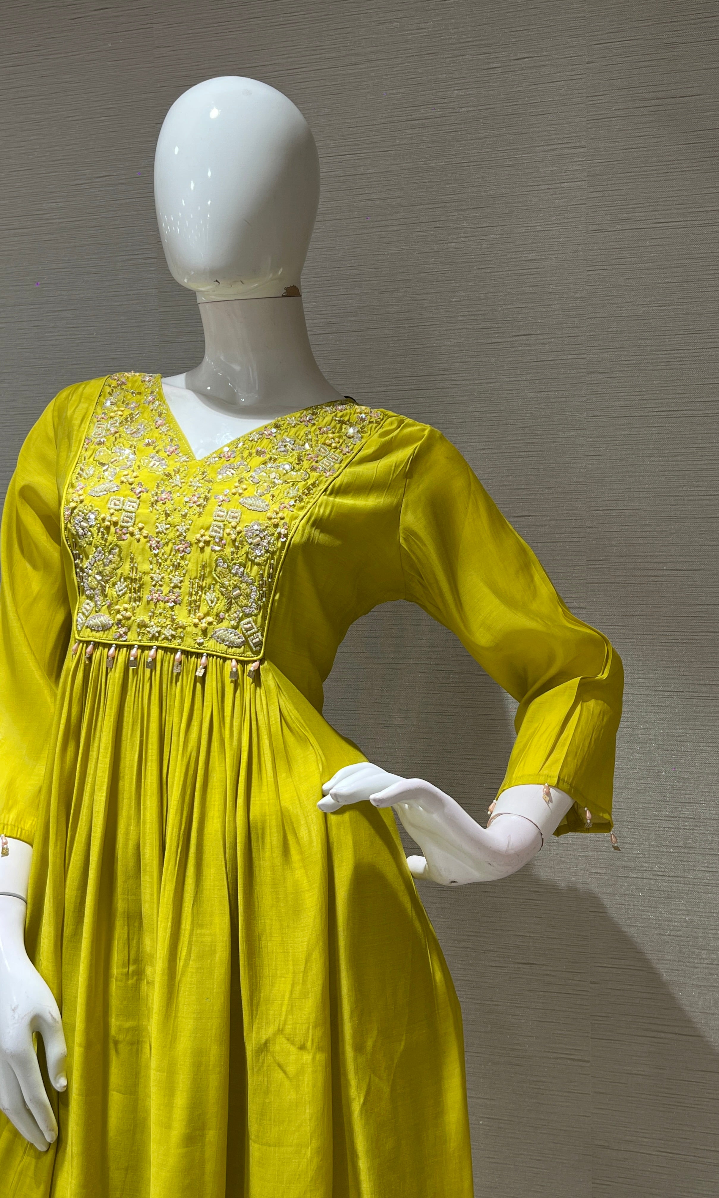 Light yellow EMBROIDERED MUL CHANDERI KURTA SET