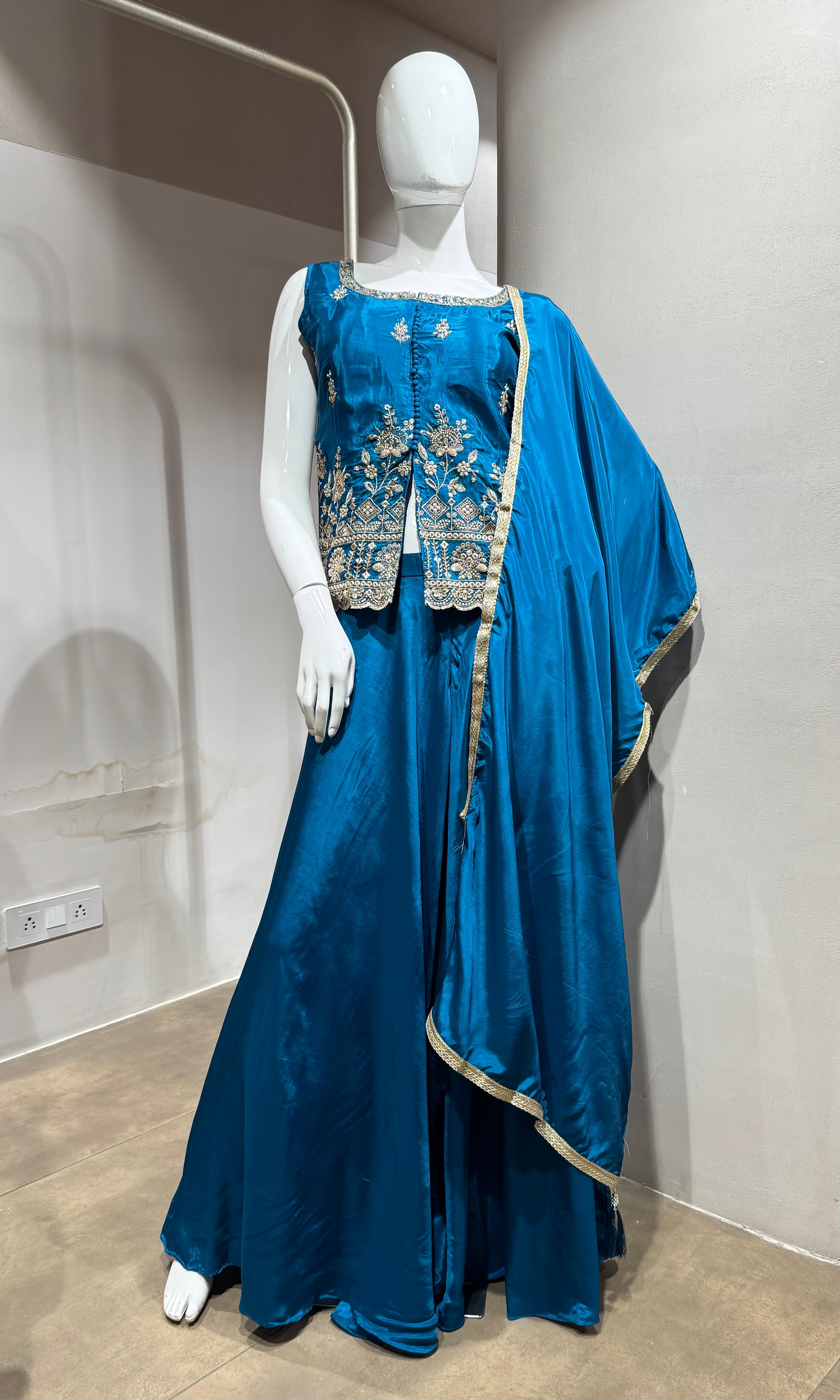 Blue Embroidered Silk Peplum Palazzo Set