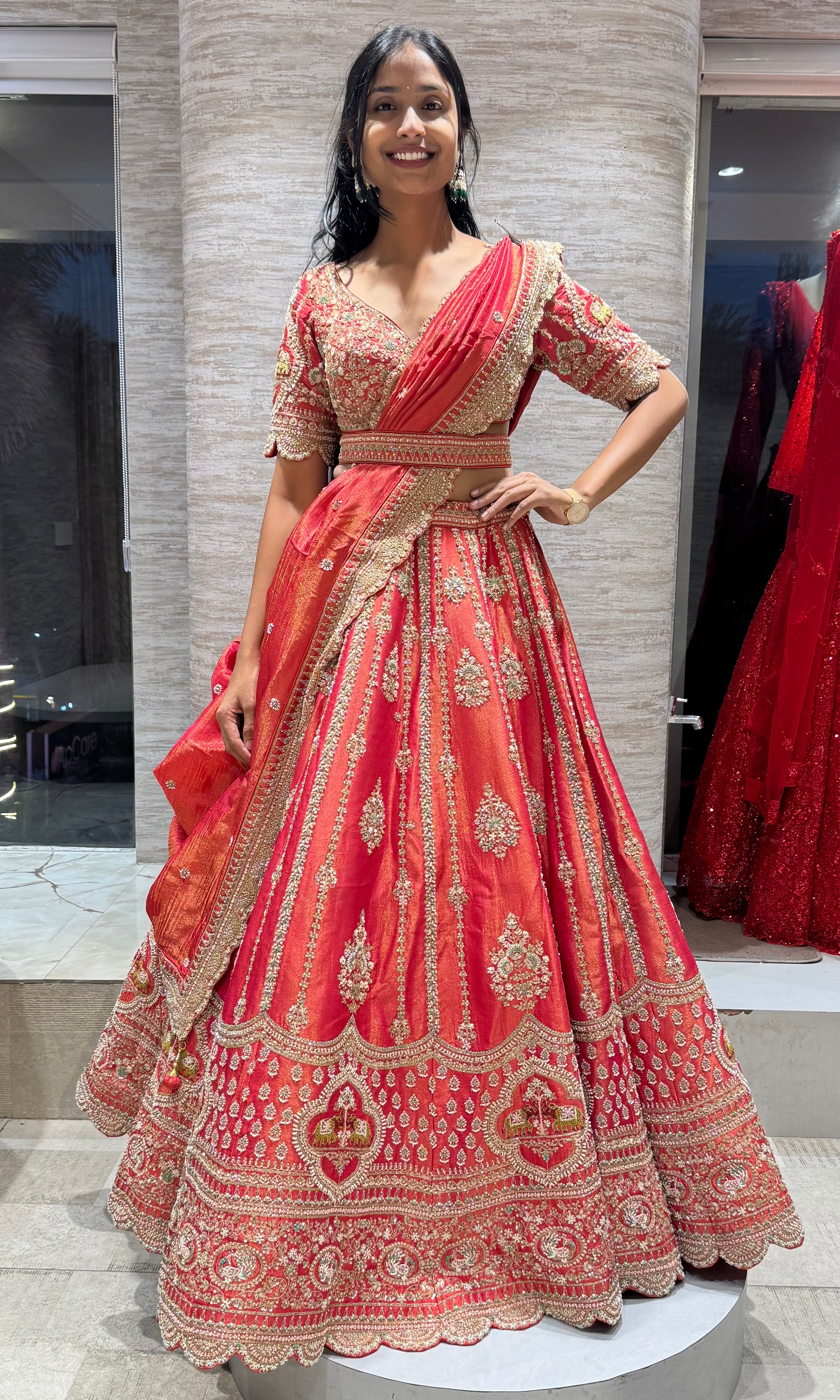 Red Embellished Bridal Lehenga with Belt