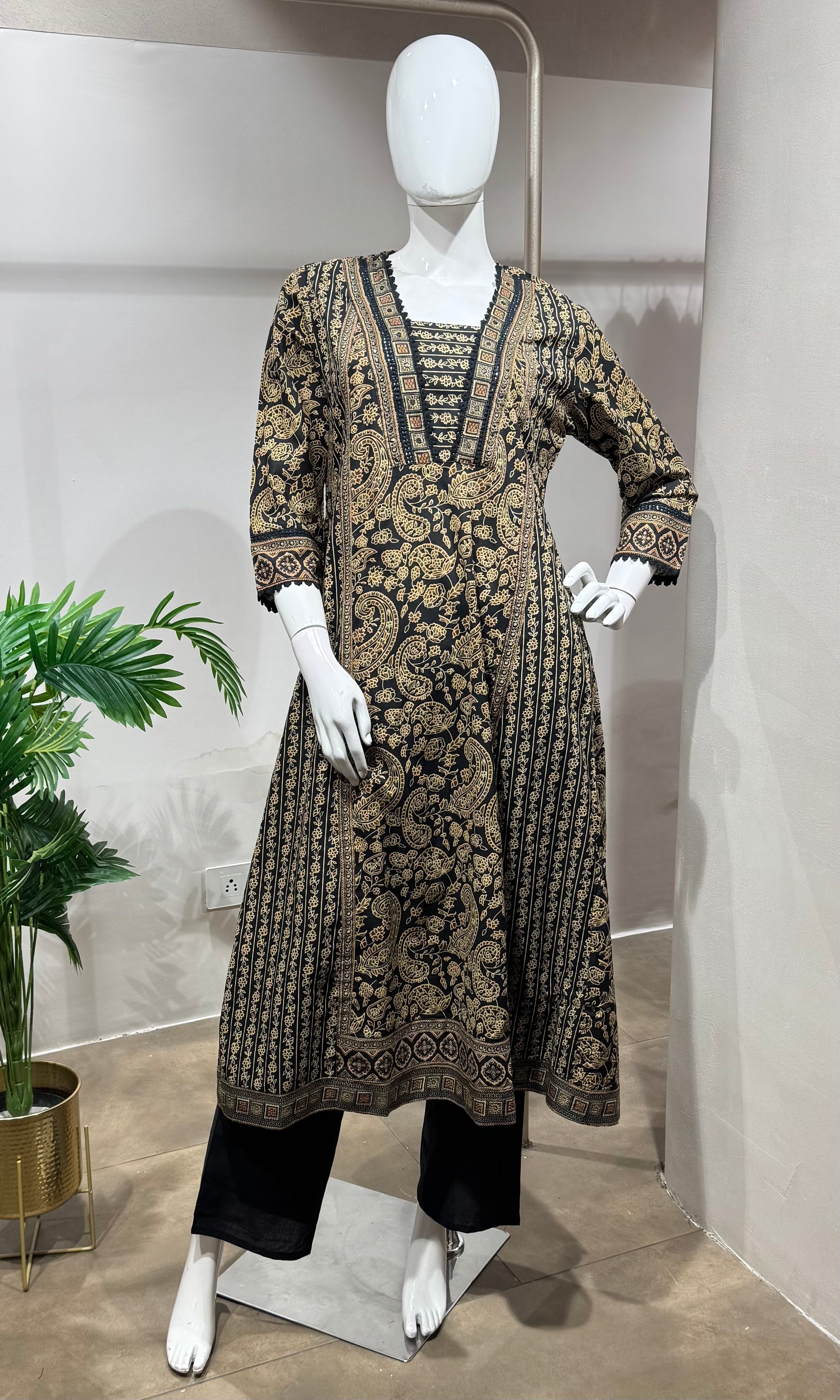 Black golden printed embroidered kurta set