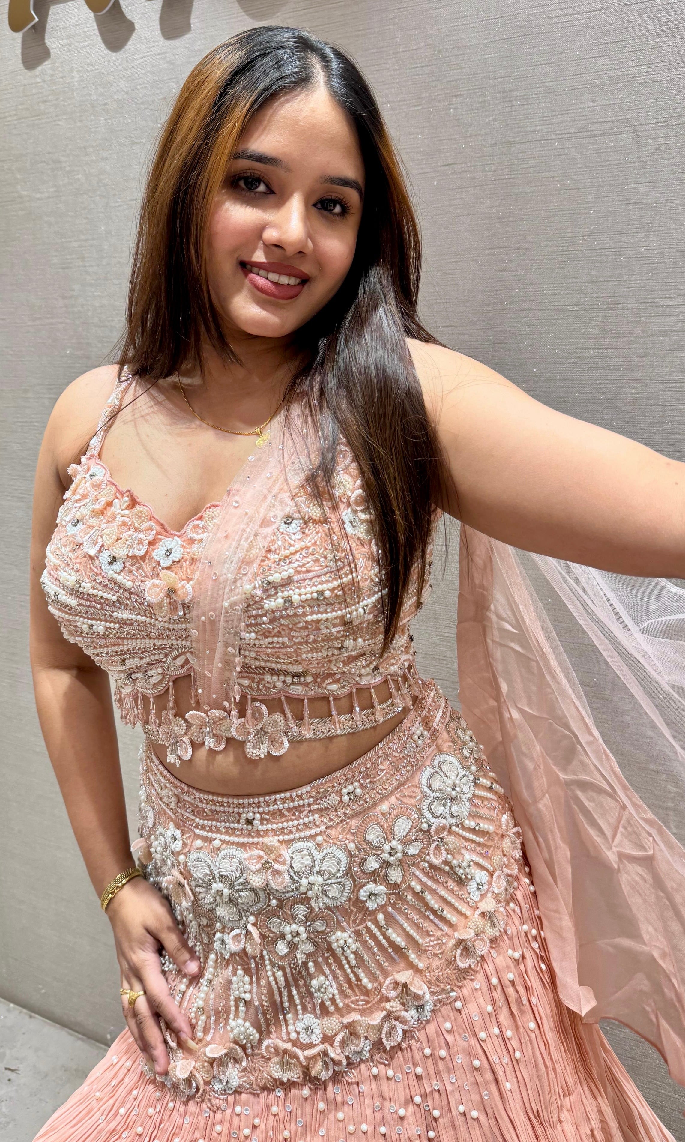 peach Ensemble Lehenga with Ruffle Dupatta