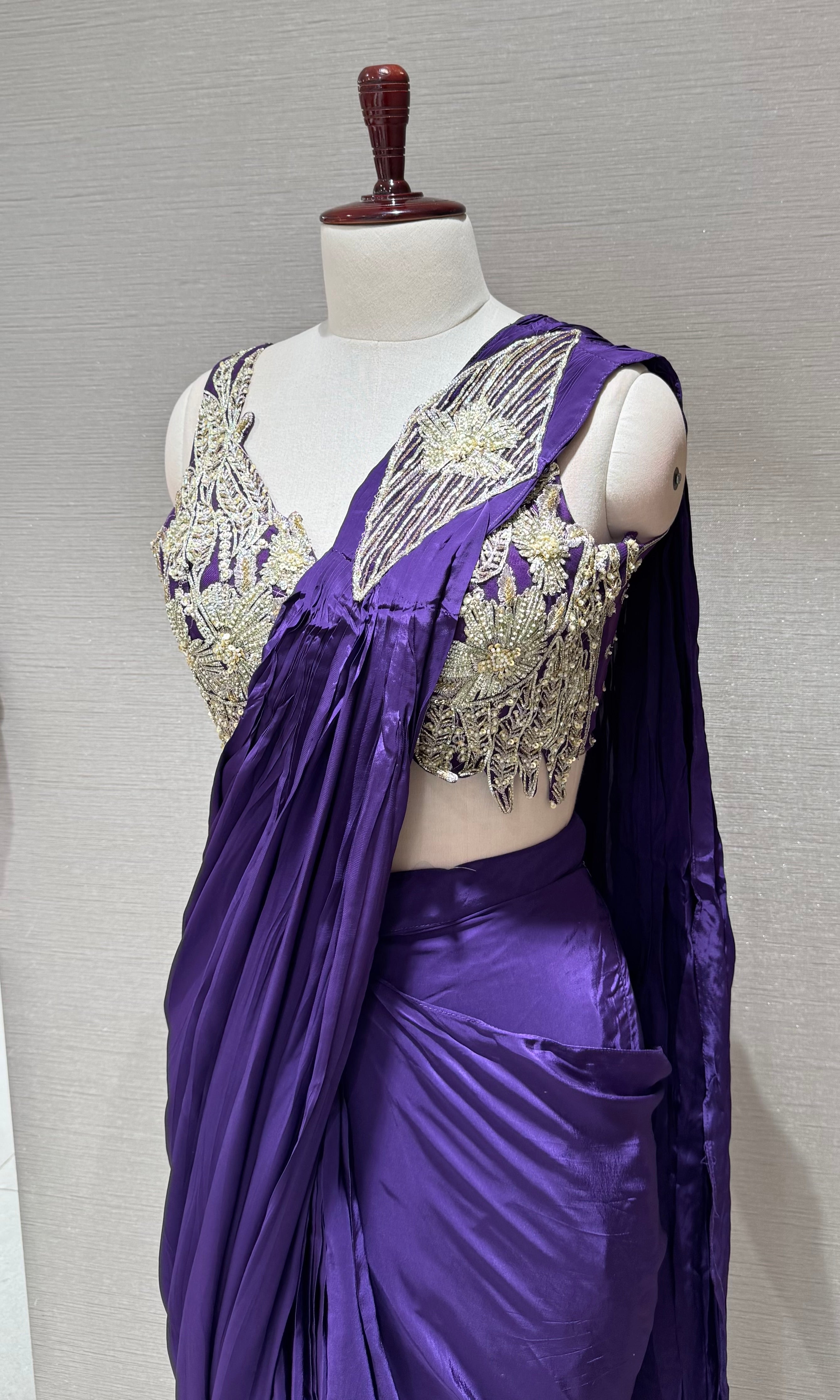 Purple Plum Drape saree with Silver Embroidered blouse