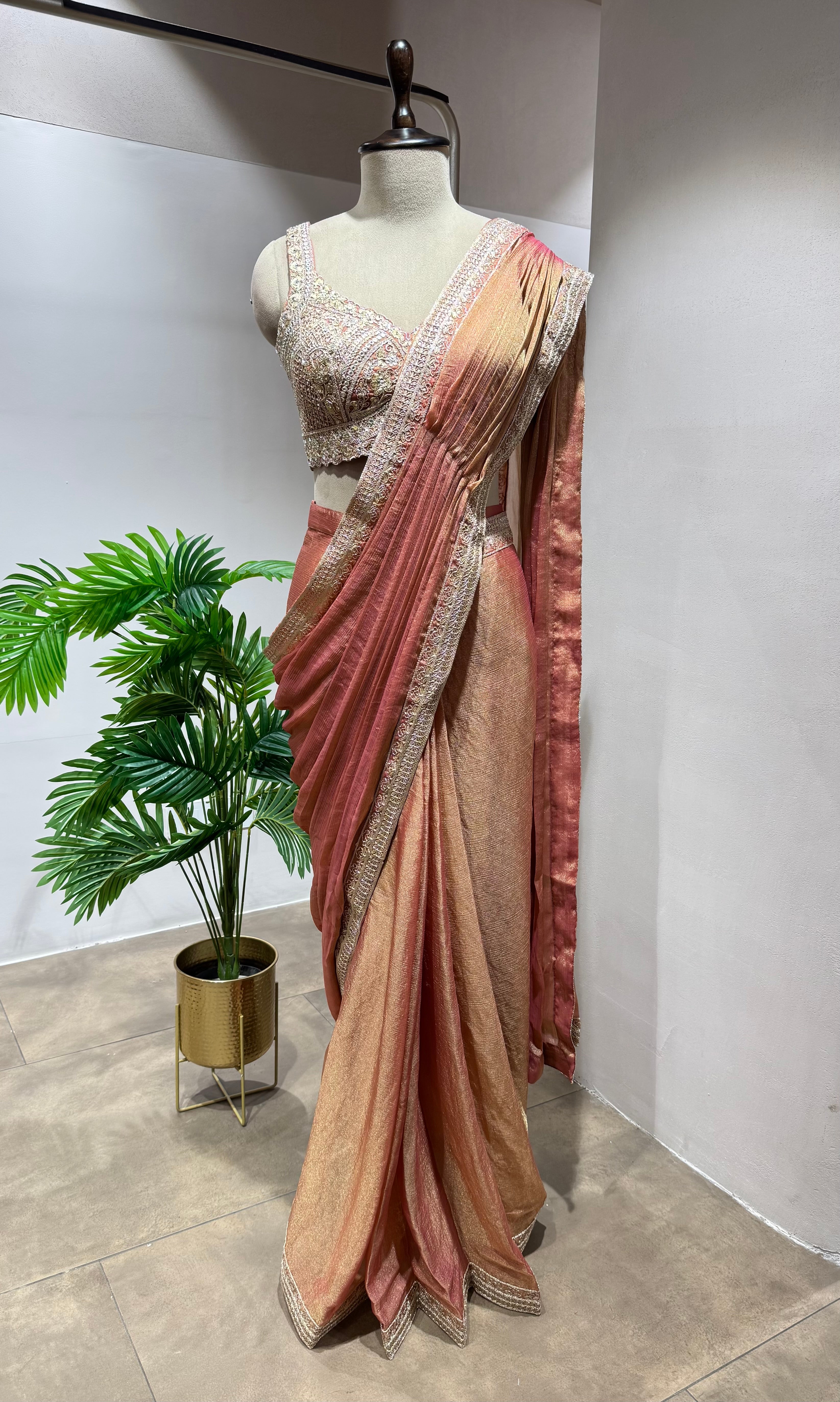 RUST PLEATED DRAPE Saree with EMBELLISHED Blouse