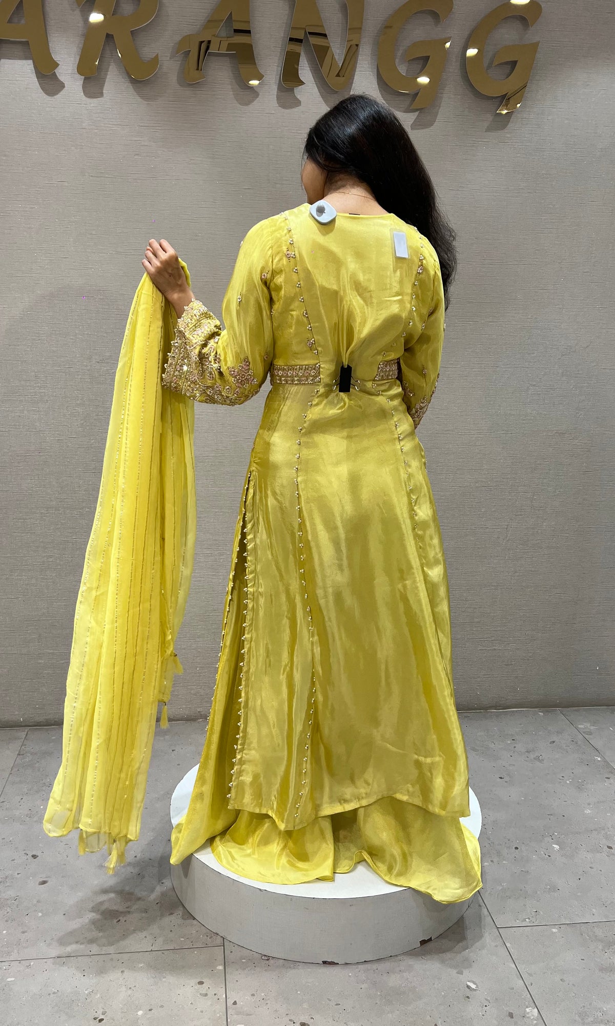 Yellow Shimmer silk Golden Zari Ethnic Naira cut palazzo set