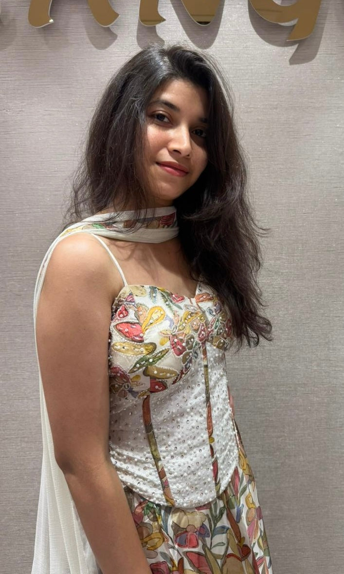 FLORAL LEHENGA WITH WHITE CORSET BLOUSE