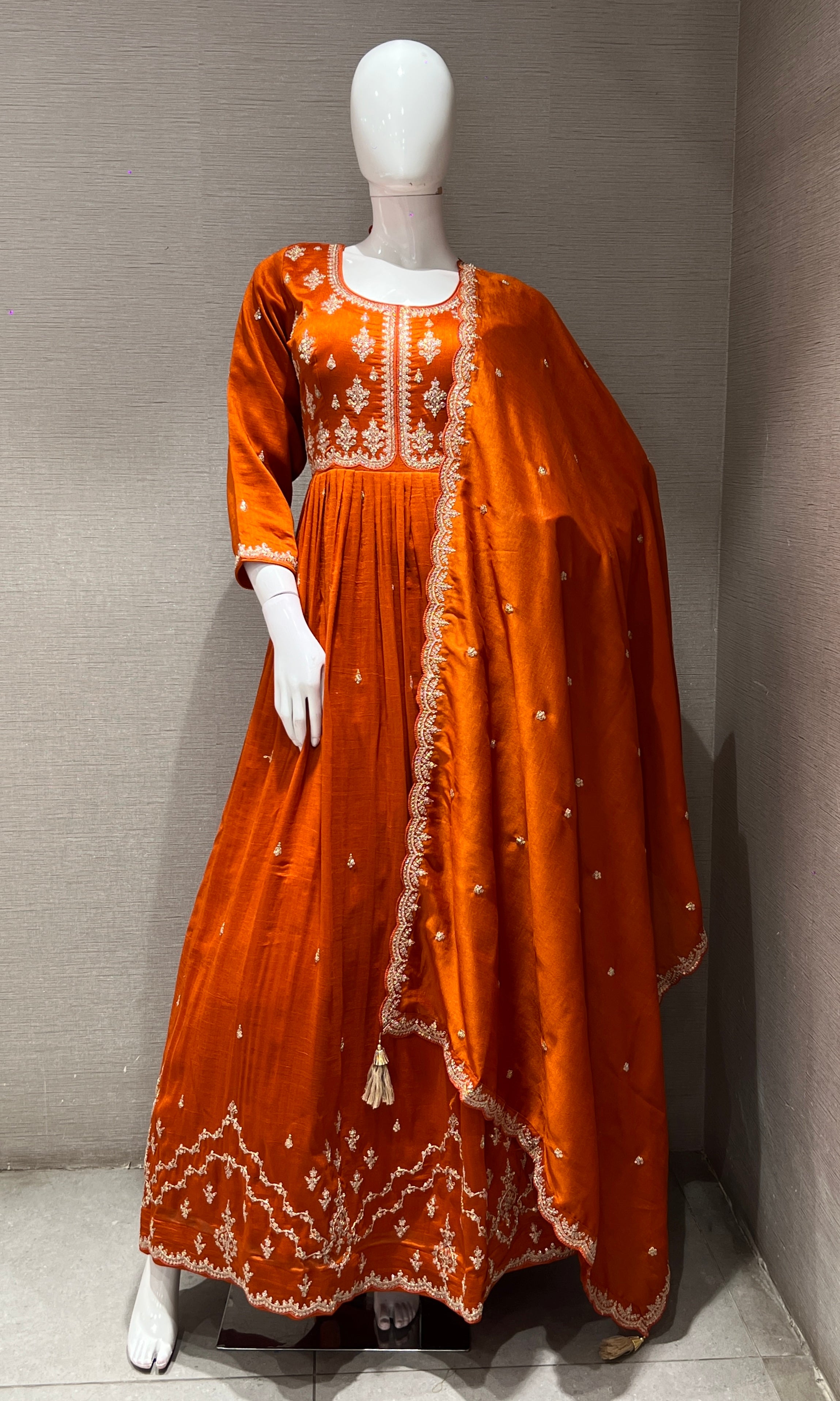 Rust EMBROIDERED LONG ANARKALI DRESS