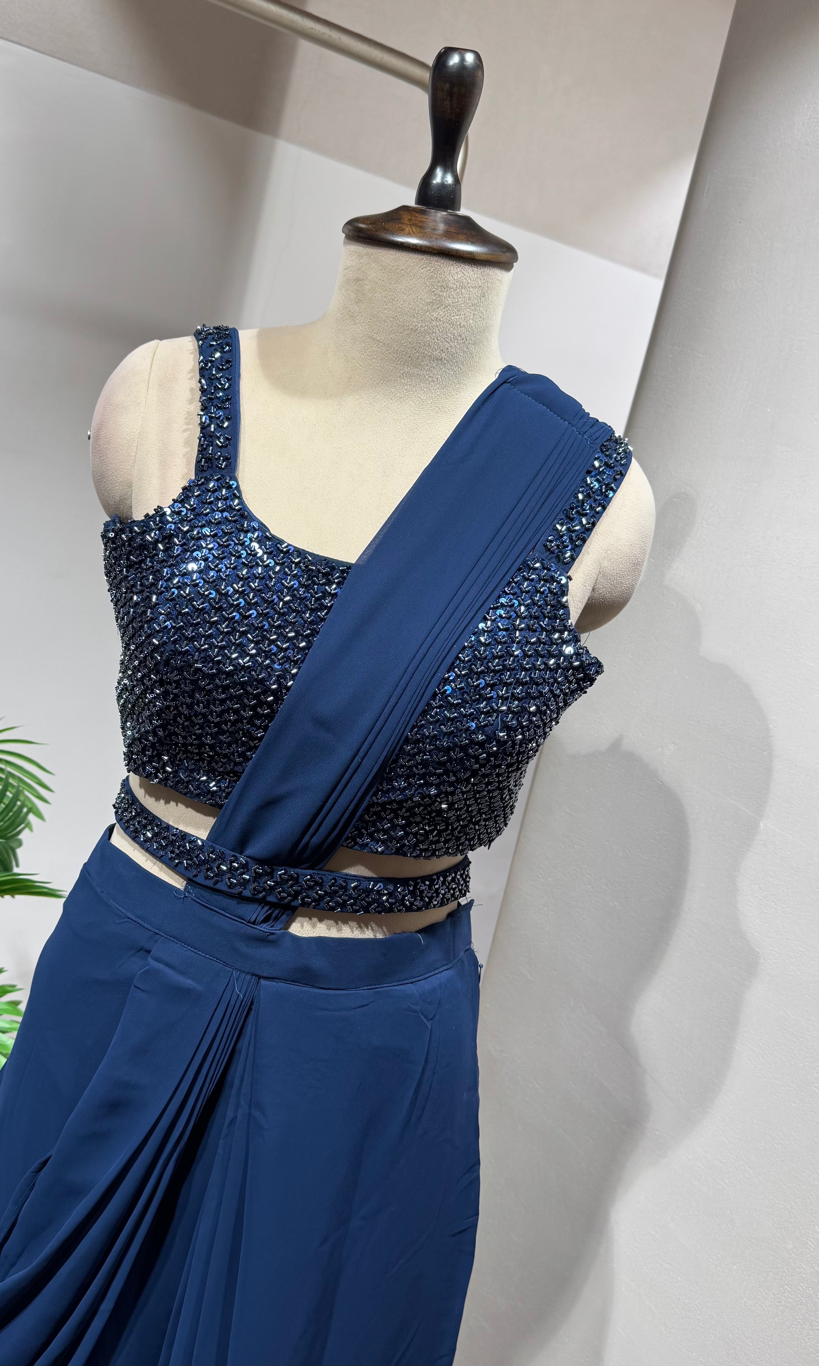 navy blue pre-draped saree with blouse & belt