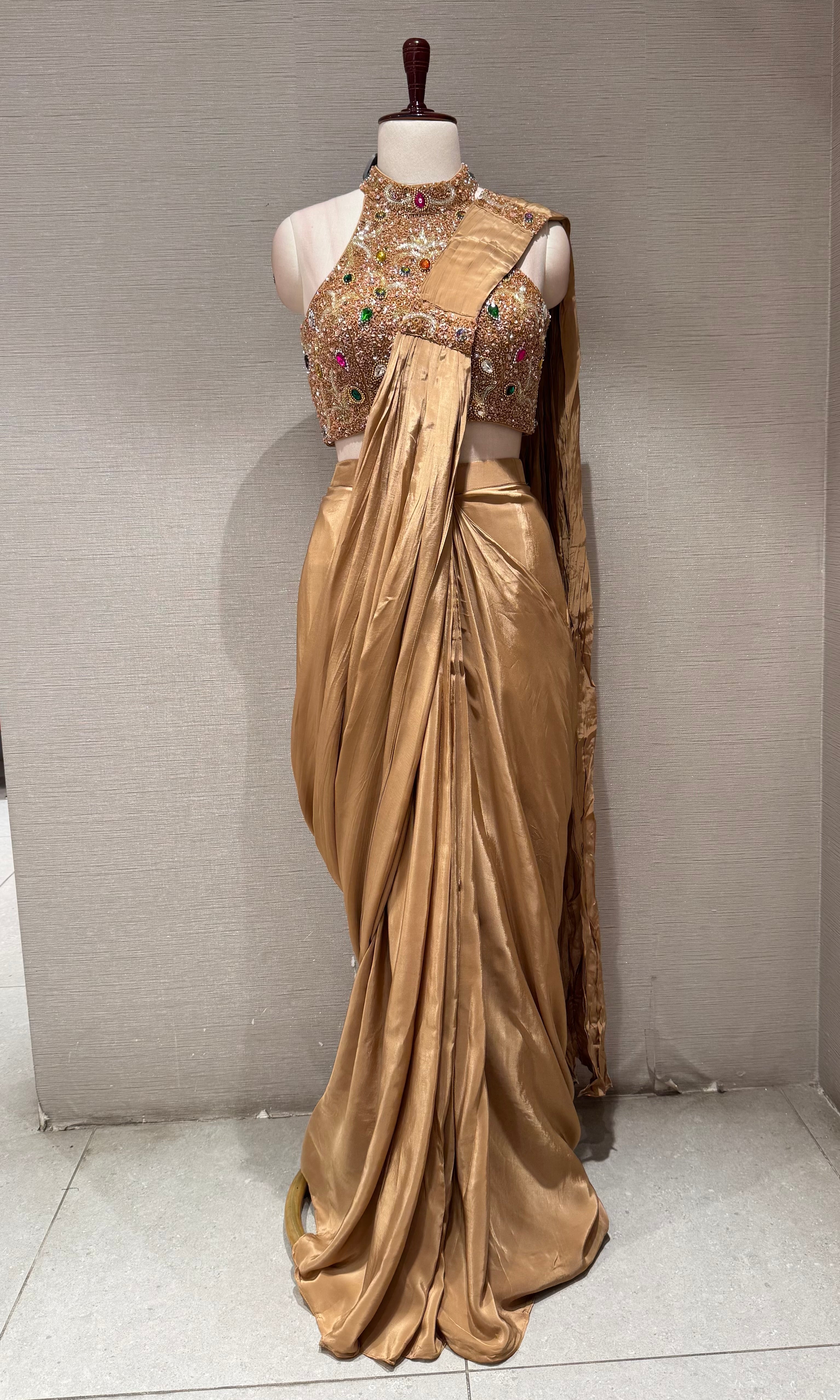 Gold Shimmer Saree with Jeweled Halter Blouse