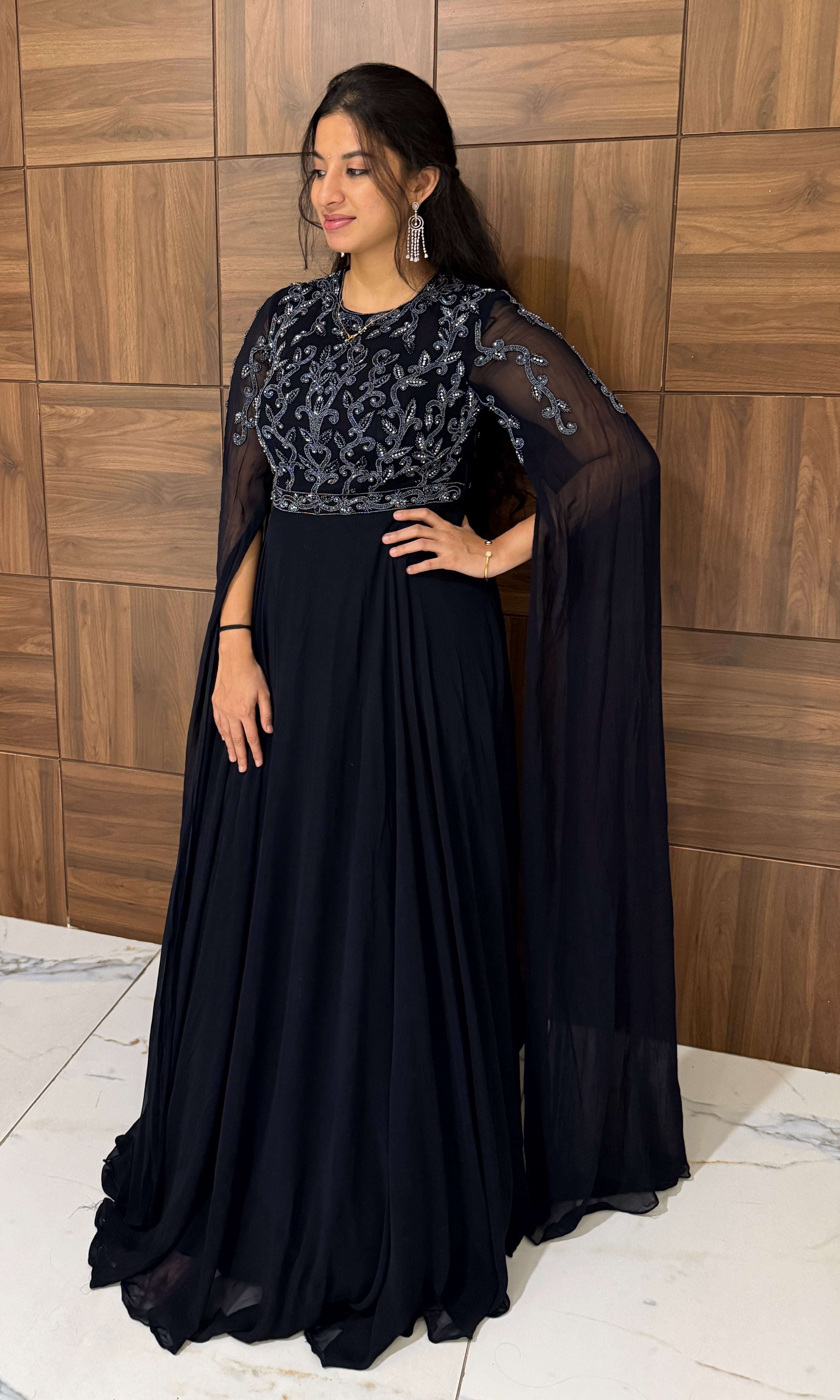 Blue gown with Rhine stones and long sleeves long dress