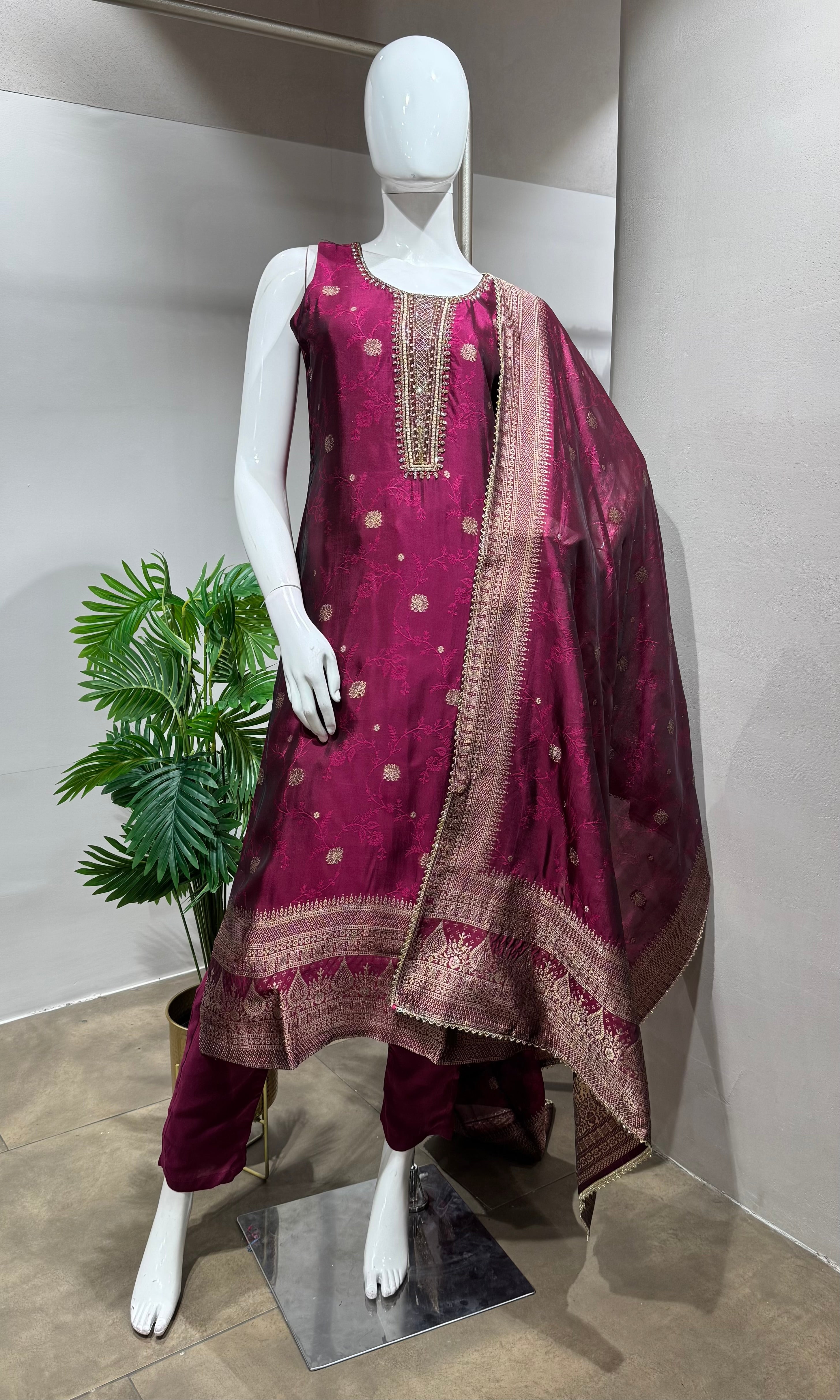 Wine Silk Embroidered Straight Suit Set