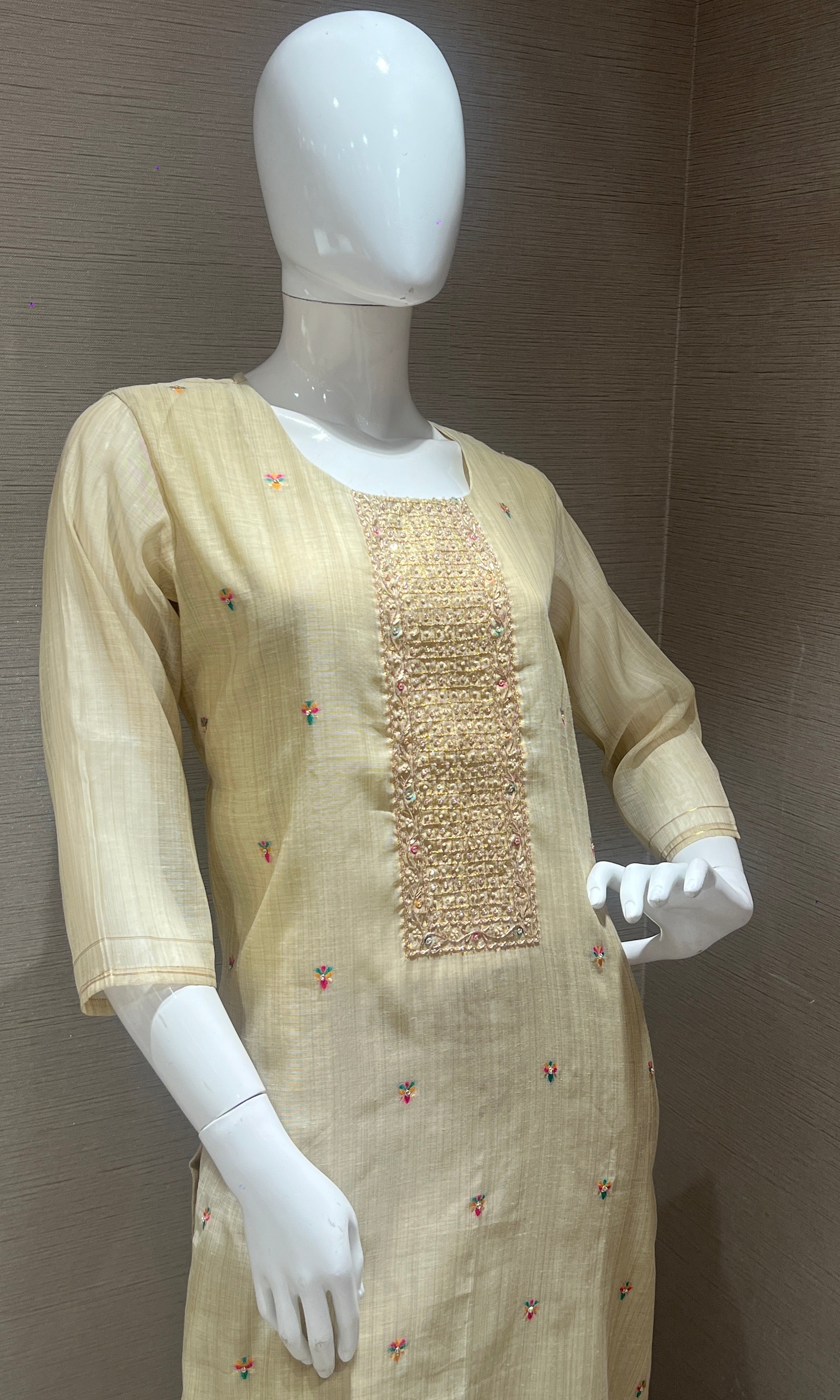 Cream Embroidered Kurta Set with Floral Dupatta