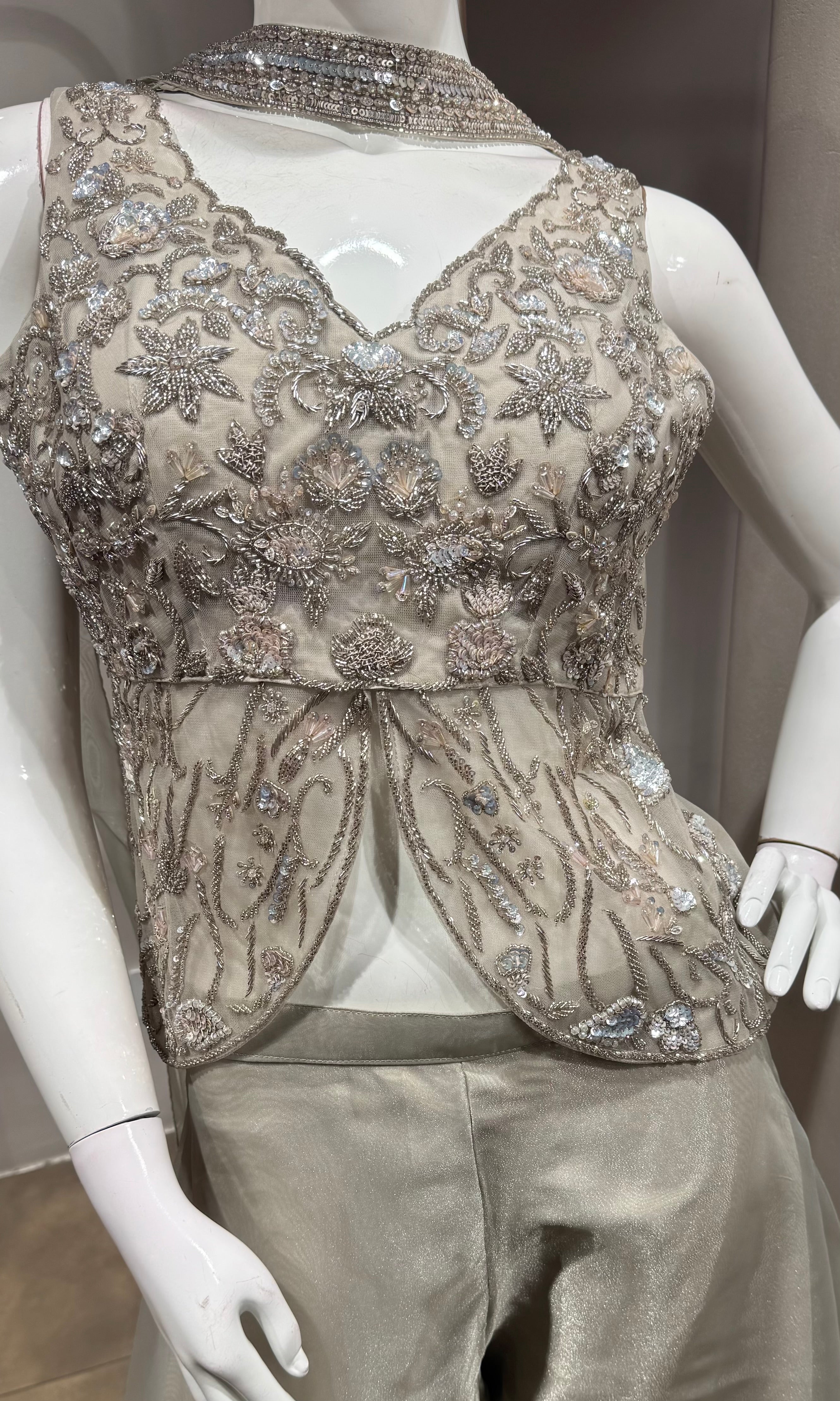 Metallic Grey Embellished Peplum & Flared Palazzo Set