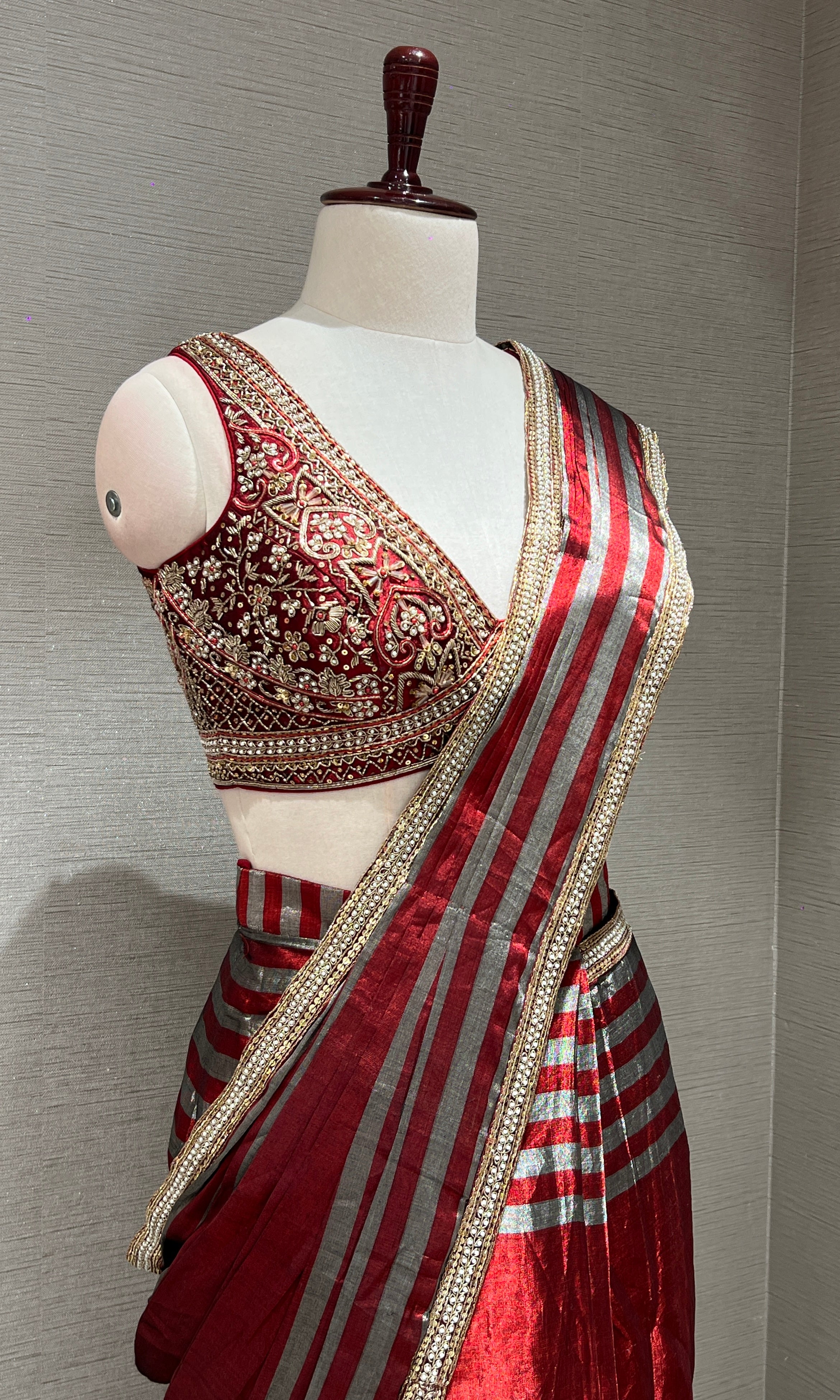 Red DRAPE SAREE WITH EMBELLISHED BLOUSE